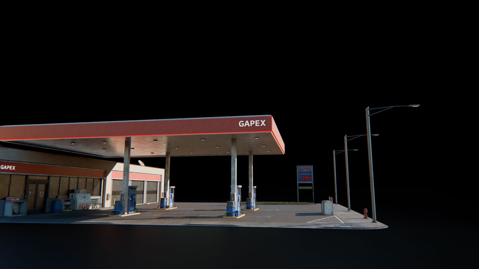 Small town American gas station conceptize 3d asset pack usa flag motel theatre city hall water tank suburban houses restaurant retail store shops premium models props aircon hvac garbage container trash can antenna street light lamp post fire hydrant beach chair for videogame