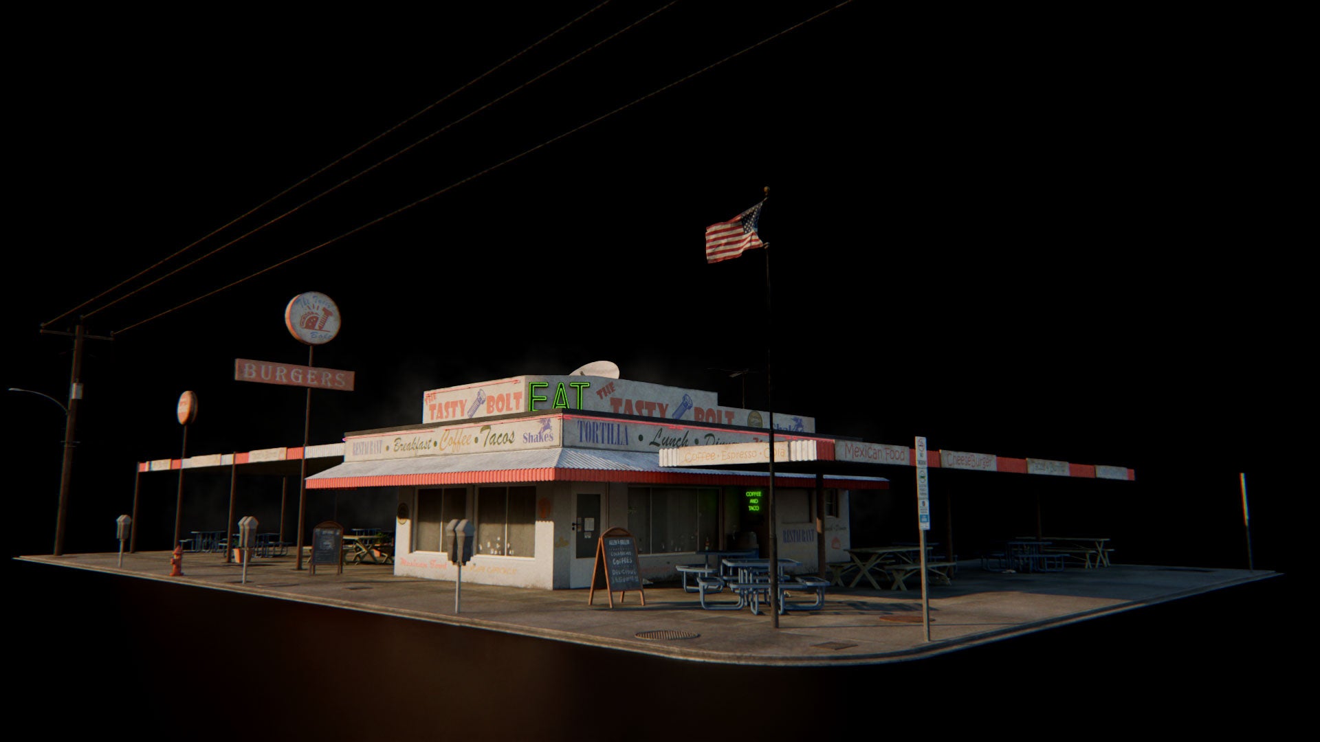 Small town American conceptize 3d asset pack usa flag motel theatre city hall water tank suburban houses restaurant retail store shops premium models props aircon hvac garbage container trash can antenna street light lamp post fire hydrant beach chair for videogame