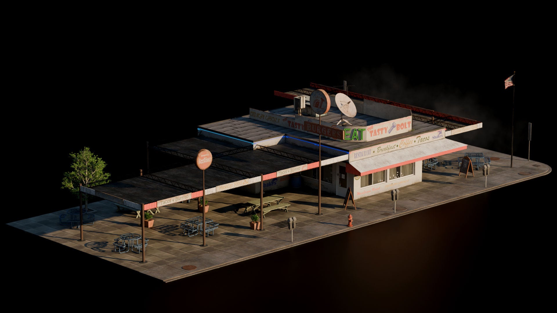 Small town American conceptize 3d asset pack usa flag motel theatre city hall water tank suburban houses restaurant retail store shops premium models props aircon hvac garbage container trash can antenna street light lamp post fire hydrant beach chair for videogame