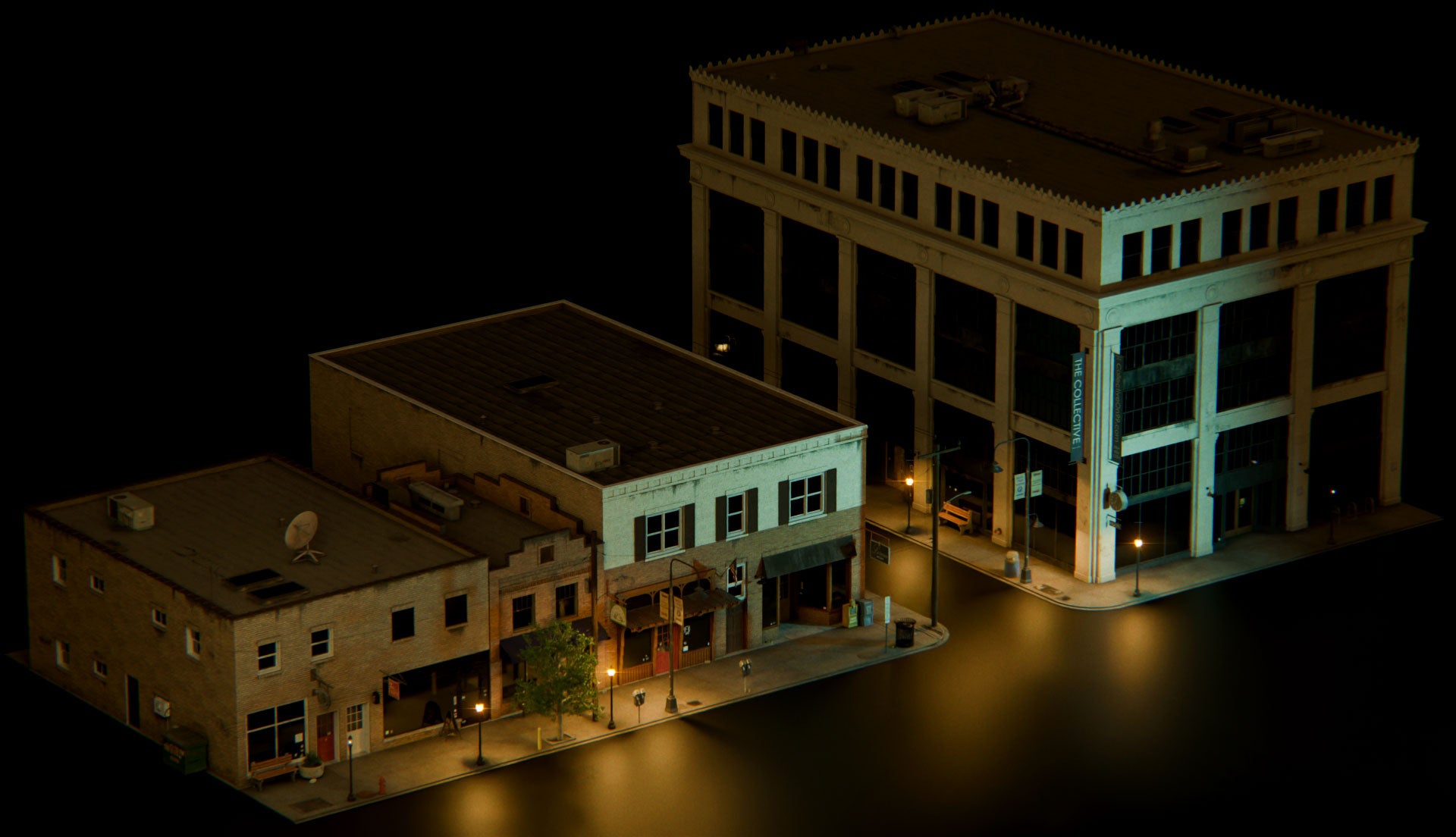 small town American 3d asset pack usa flag motel theatre city hall water tank suburban houses restaurant retail store shops premium models props aircon hvac garbage container trash can antenna street light lamp post fire hydrant beach chair for videogame