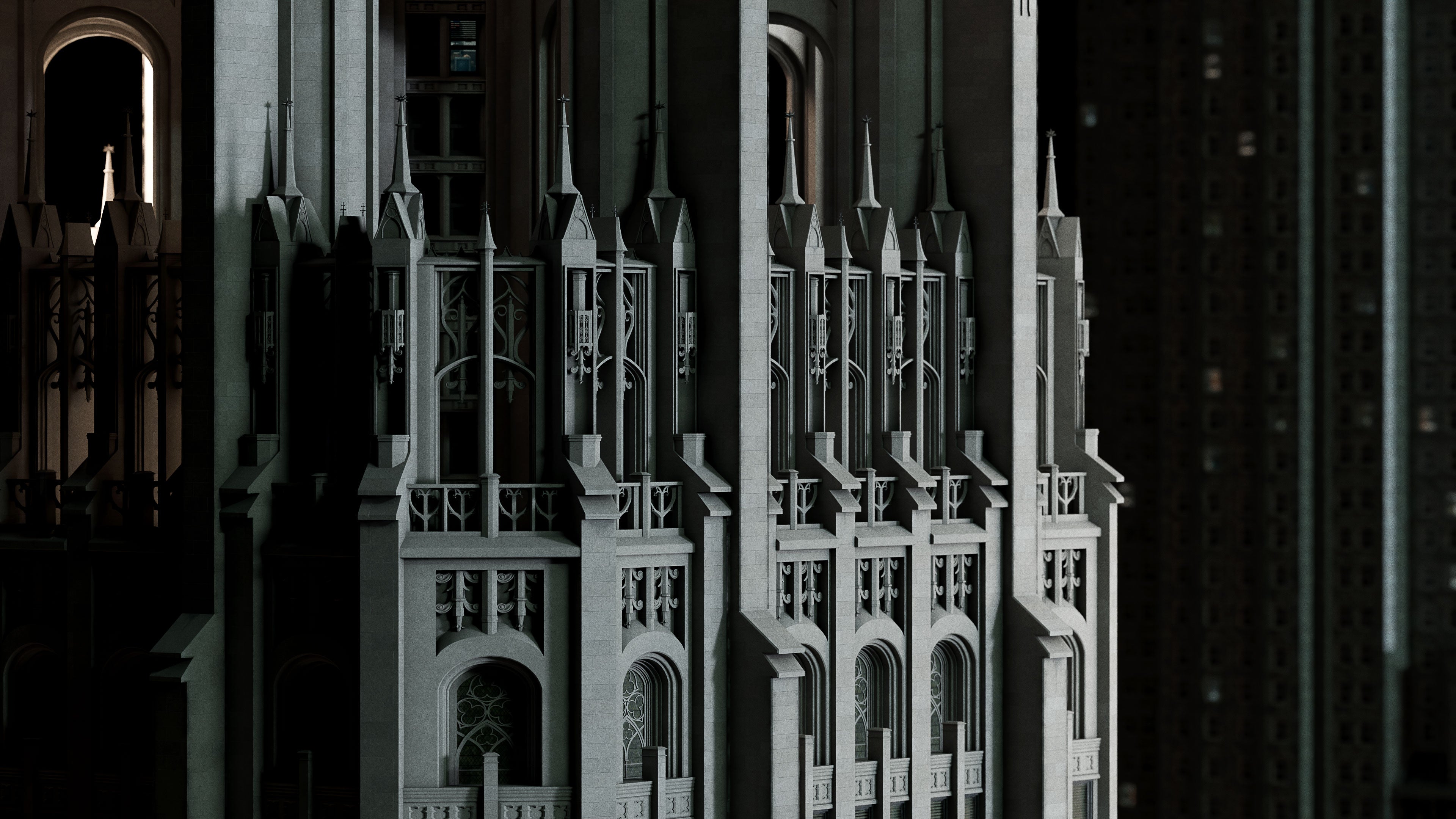 Neo Gothic 3D asset pack featuring a dark, Gotham inspired city with towering buildings, ornate façades, gargoyles, spires, and detailed stone architecture