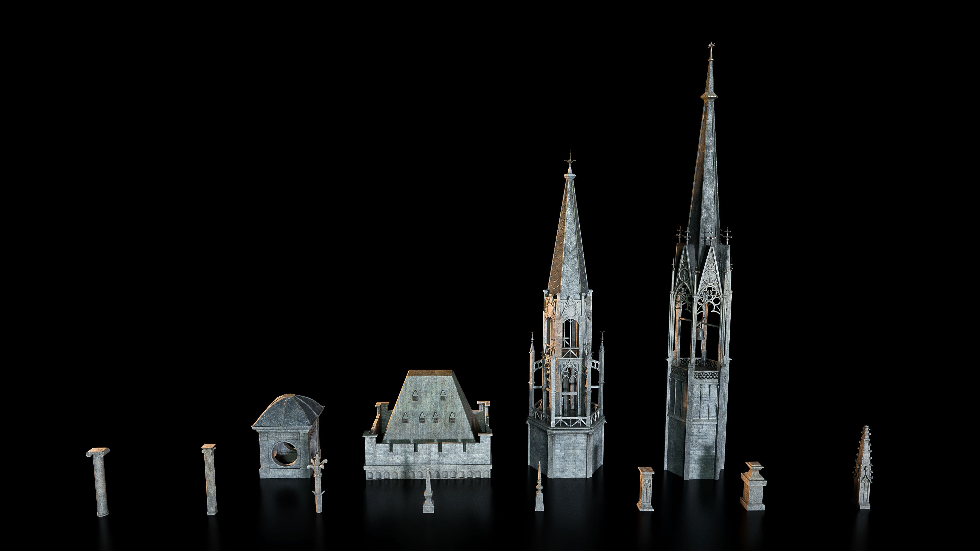 Neo Gothic 3D asset pack featuring a Gotham inspired city with towering gothic buildings, ornate façades, gargoyles, and dramatic atmospheric lighting