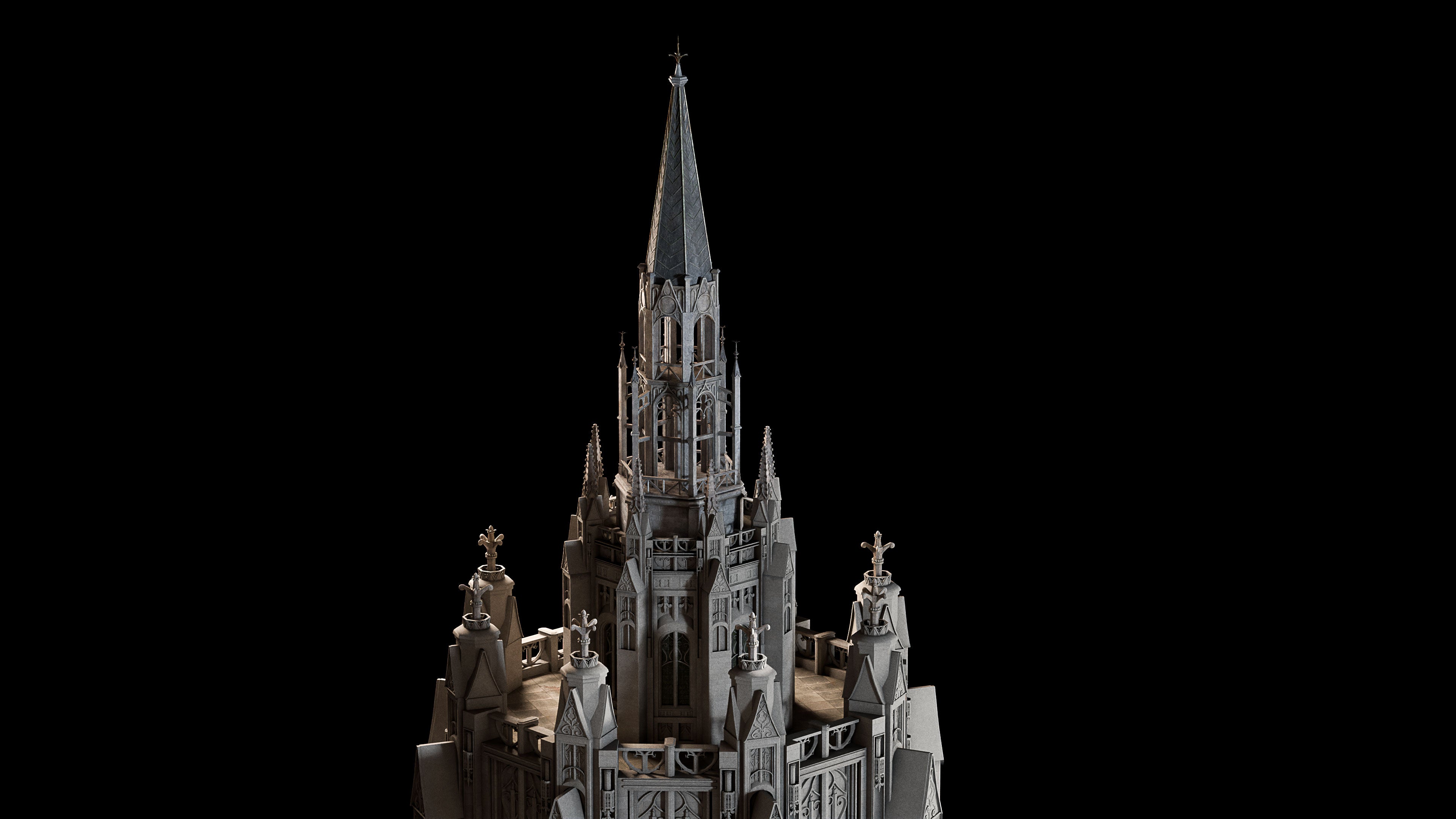 Neo Gothic 3D asset pack featuring a dark, Gotham inspired city with towering buildings, ornate façades, gargoyles, spires, and detailed stone architecture tribune Tower, Chicago