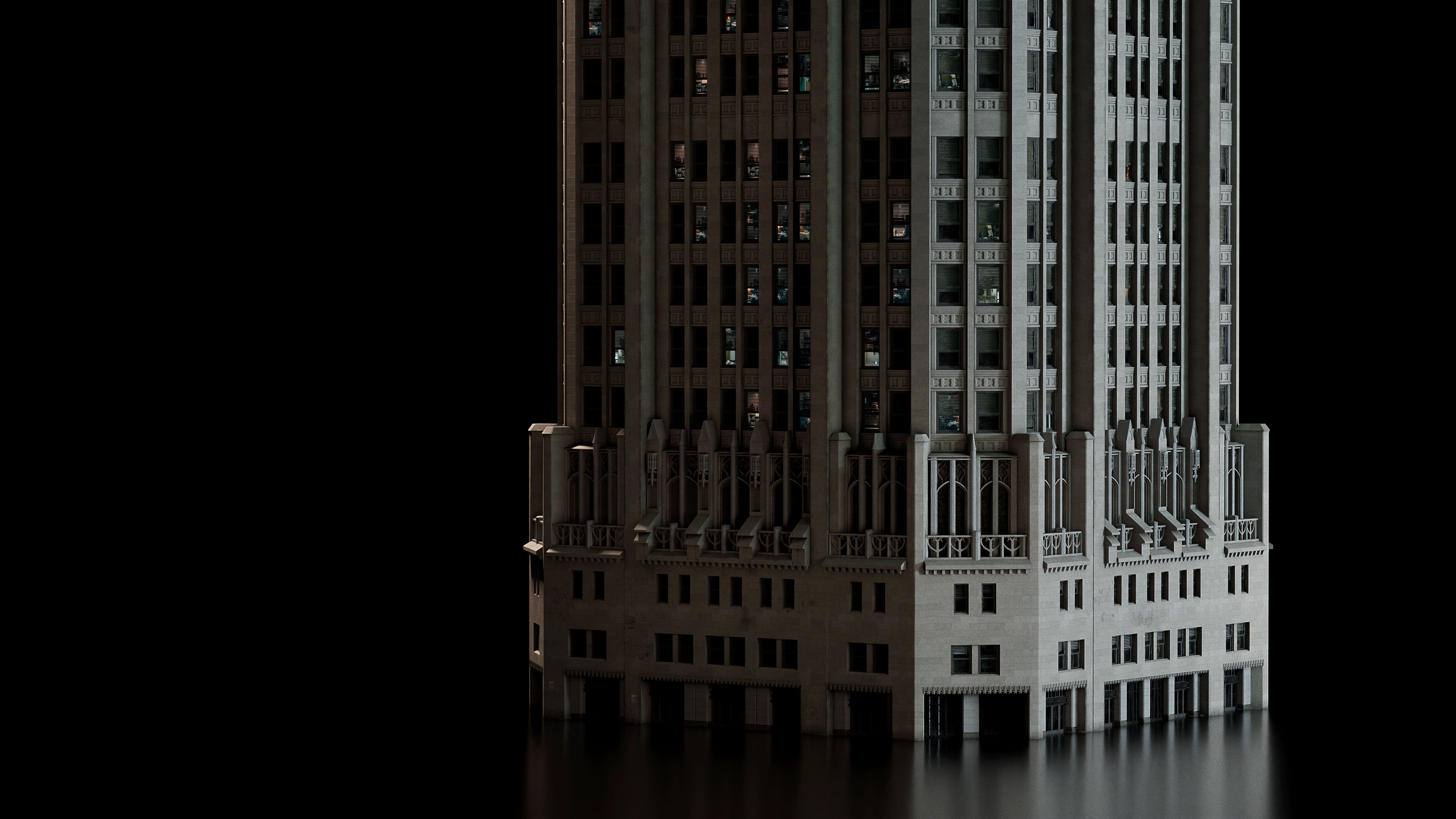 Neo Gothic 3D asset pack featuring a Gotham inspired city with towering gothic buildings, ornate façades, gargoyles, and dramatic atmospheric lighting