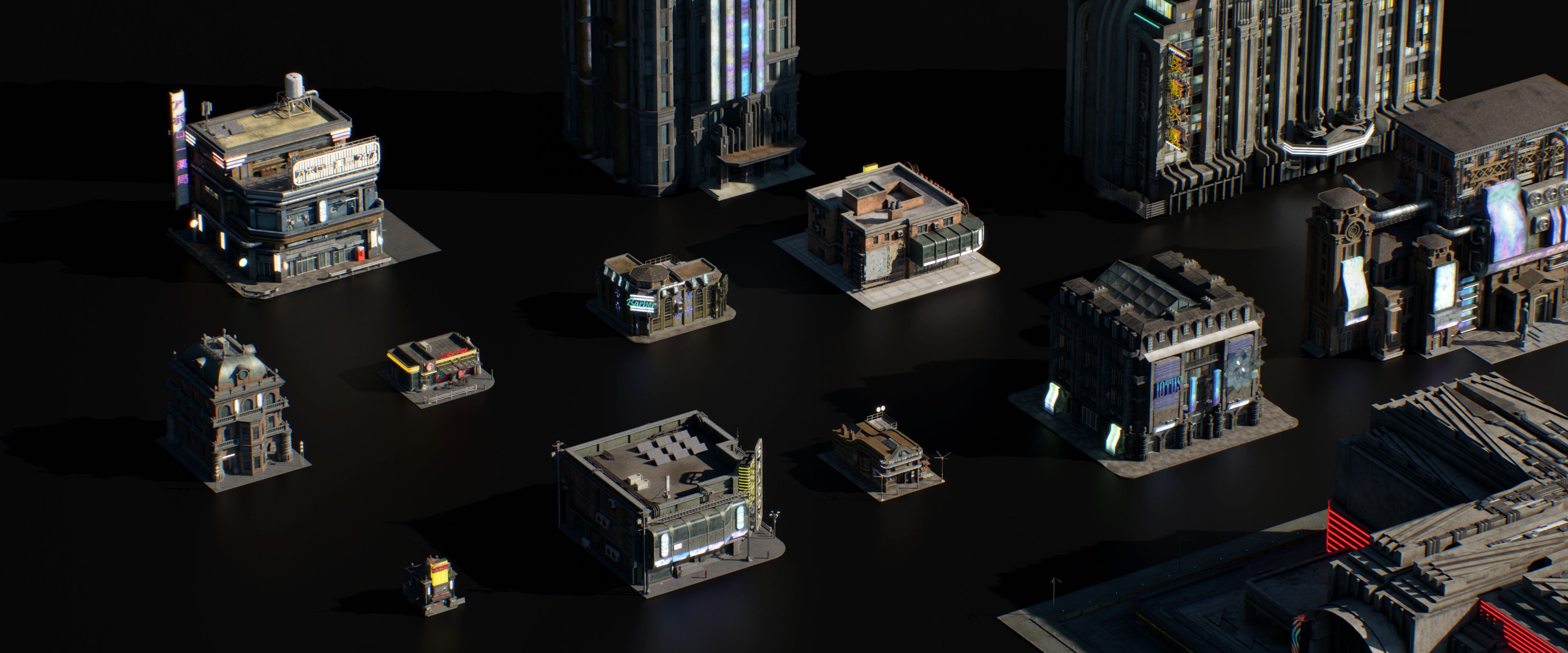 how to make a cyberpunk neon dystopia 3d asset pack blade runner futuristic city retro futurism sci fi premium models props aircon hvac videogame kitbash district conceptize conceptise visualize fog blender unreal engine replicant home