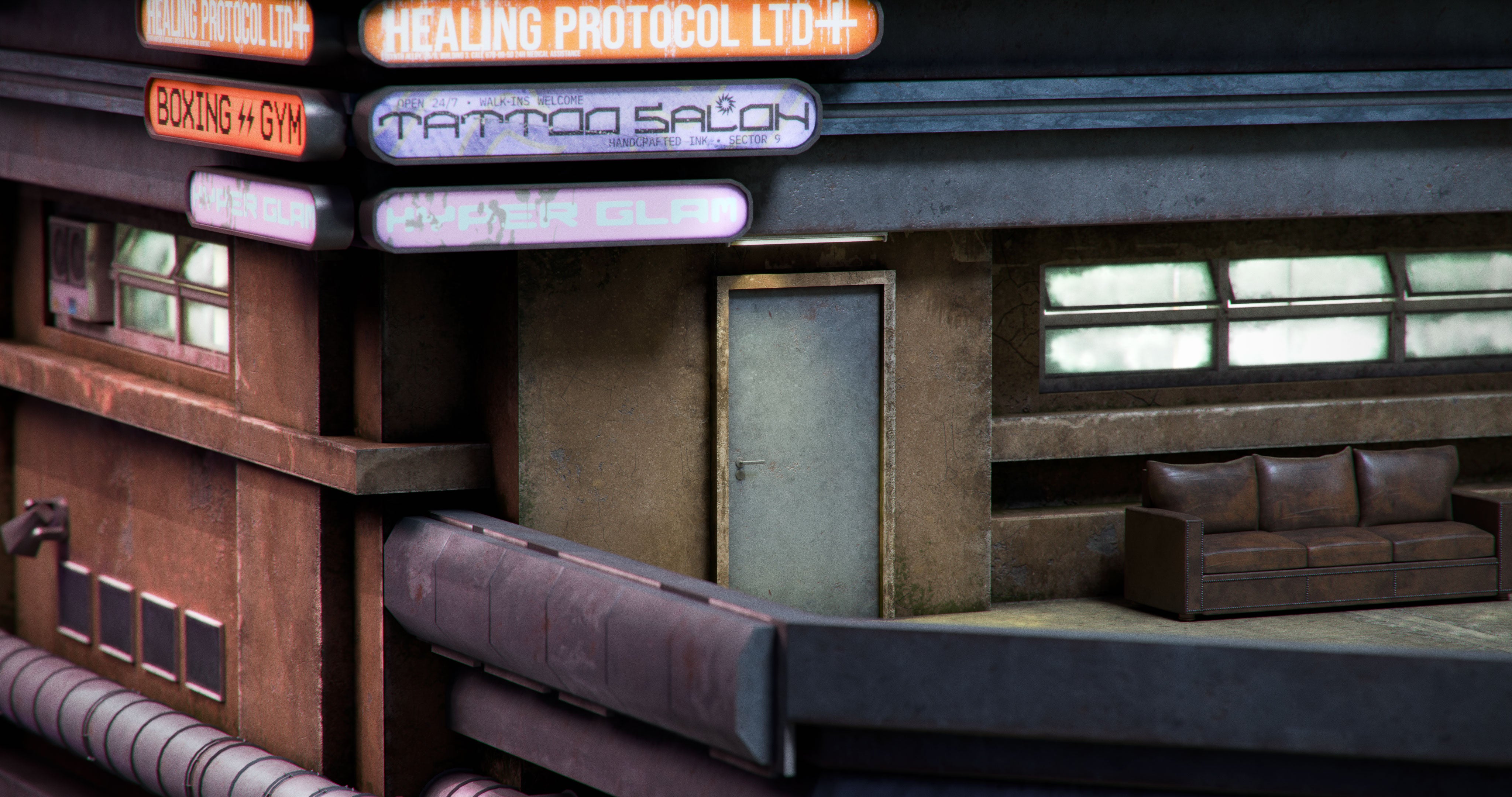 cyberpunk neon dystopia 3d asset pack blade runner futuristic city retro futurism sci fi premium models props aircon hvac videogame kitbash district conceptize conceptise visualize fog blender unreal engine pharmacy vent pipe cable building convenience store