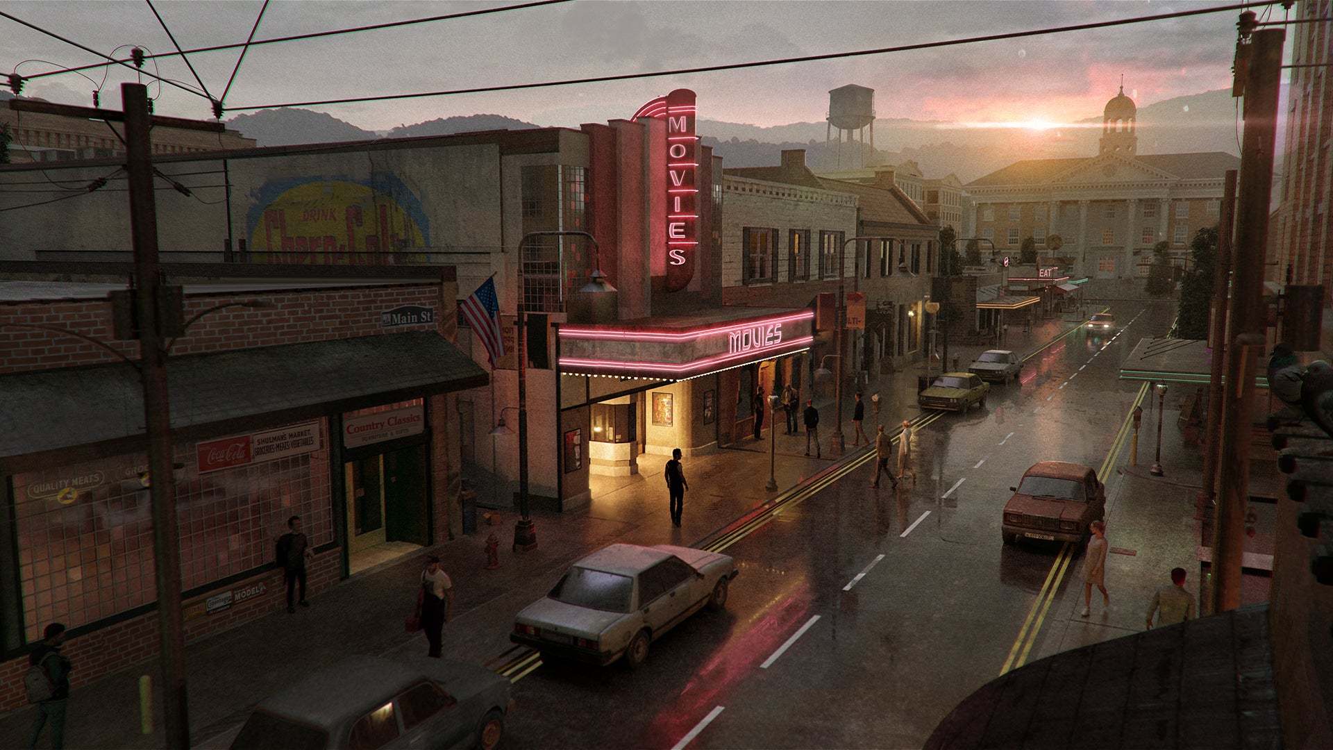 small town American 3d asset pack usa flag motel theatre city hall water tank retail store shops premium models props aircon hvac garbage container trash can antenna street light lamp post fire hydrant beach chair for videogame