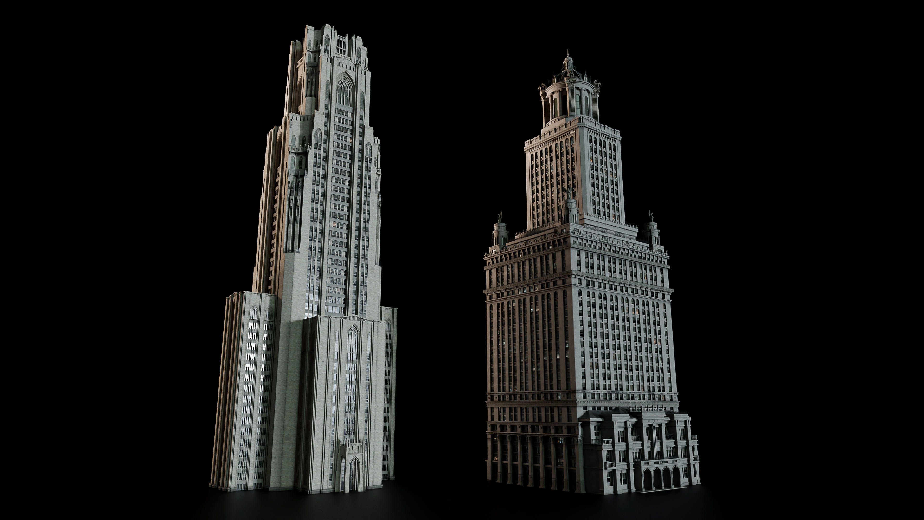 Neo Gothic 3D asset pack featuring a dark, Gotham-inspired city with towering buildings, ornate façades, gargoyles, spires, and detailed stone architecture