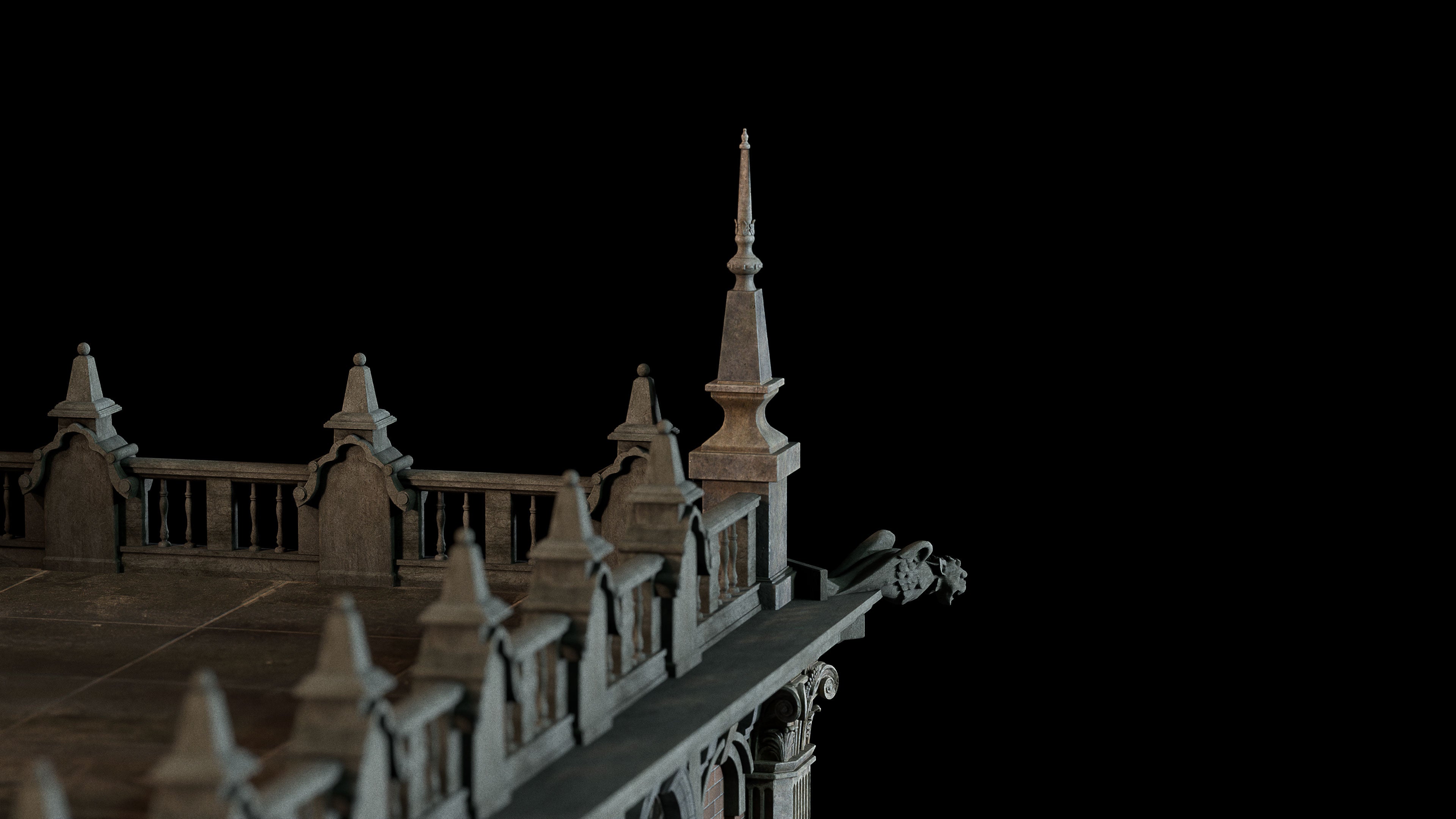 Neo Gothic 3D asset pack featuring a dark, Gotham inspired city with towering buildings, ornate façades, gargoyles, spires, and detailed stone architecture
