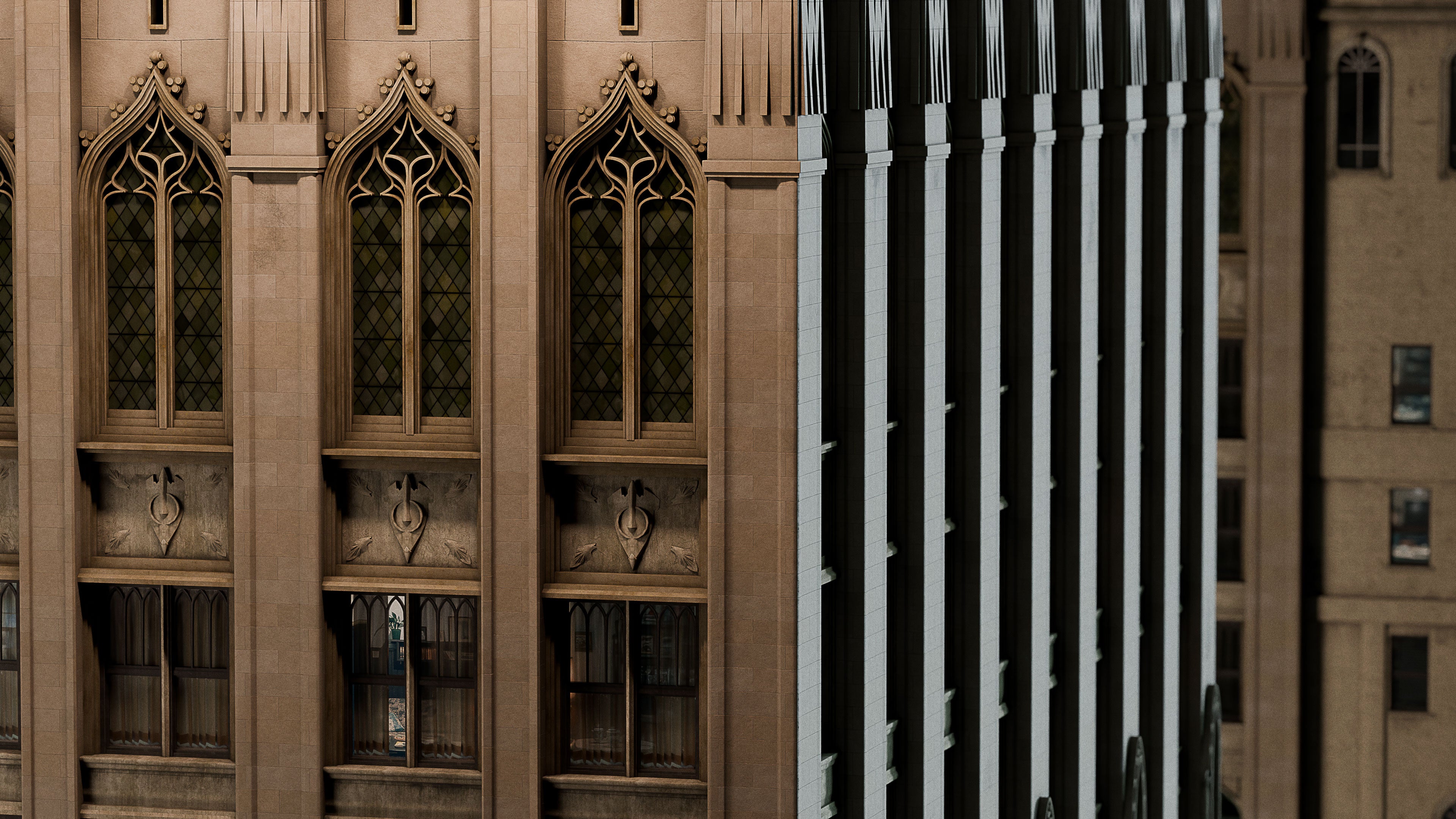 Neo Gothic 3D asset pack featuring a dark, Gotham inspired city with towering buildings, ornate façades, gargoyles, spires, and detailed stone architecture