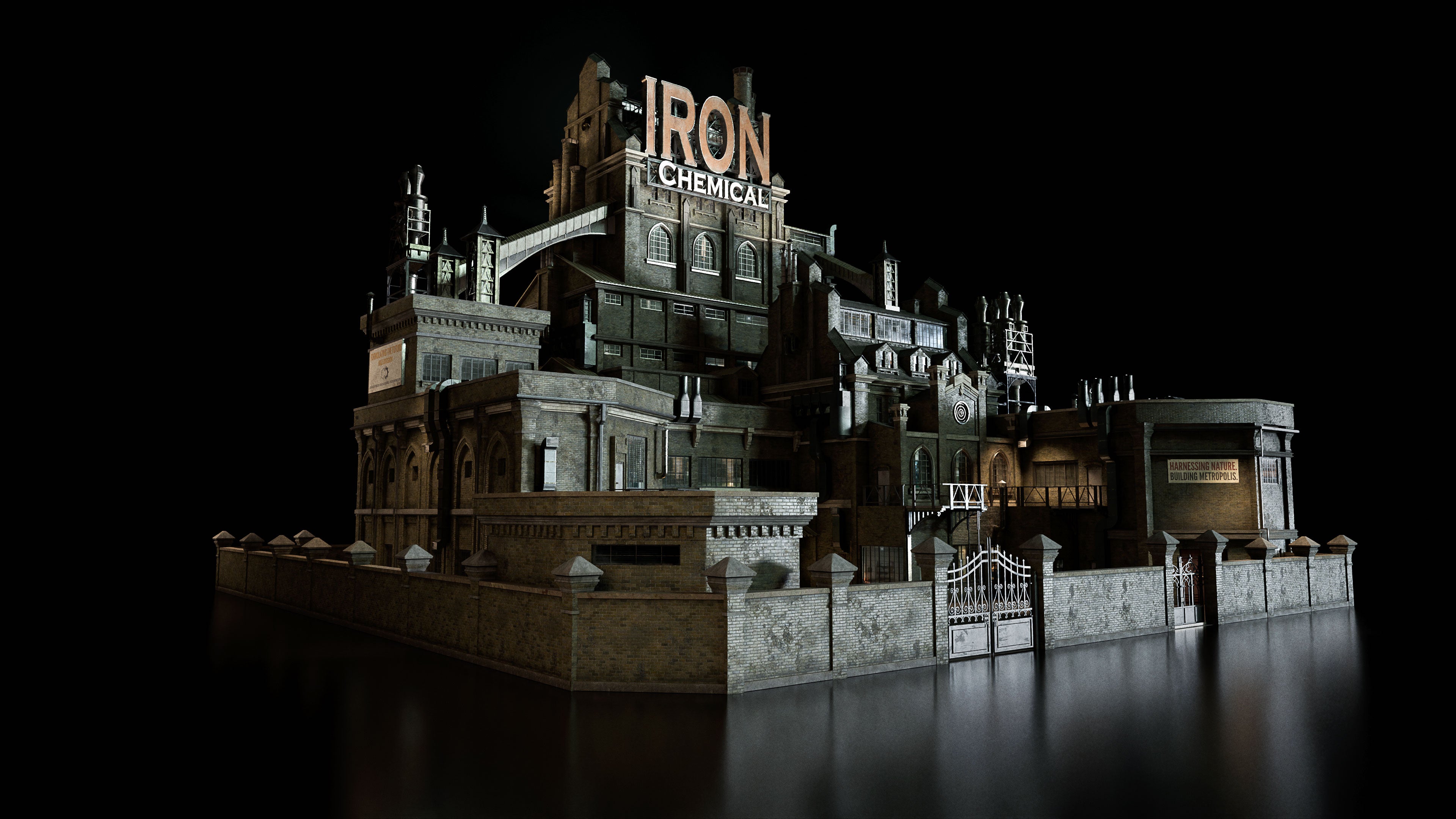 Neo Gothic 3D asset pack featuring a dark, Gotham inspired city with towering buildings, ornate façades, gargoyles, spires, and detailed stone architecture industrial
