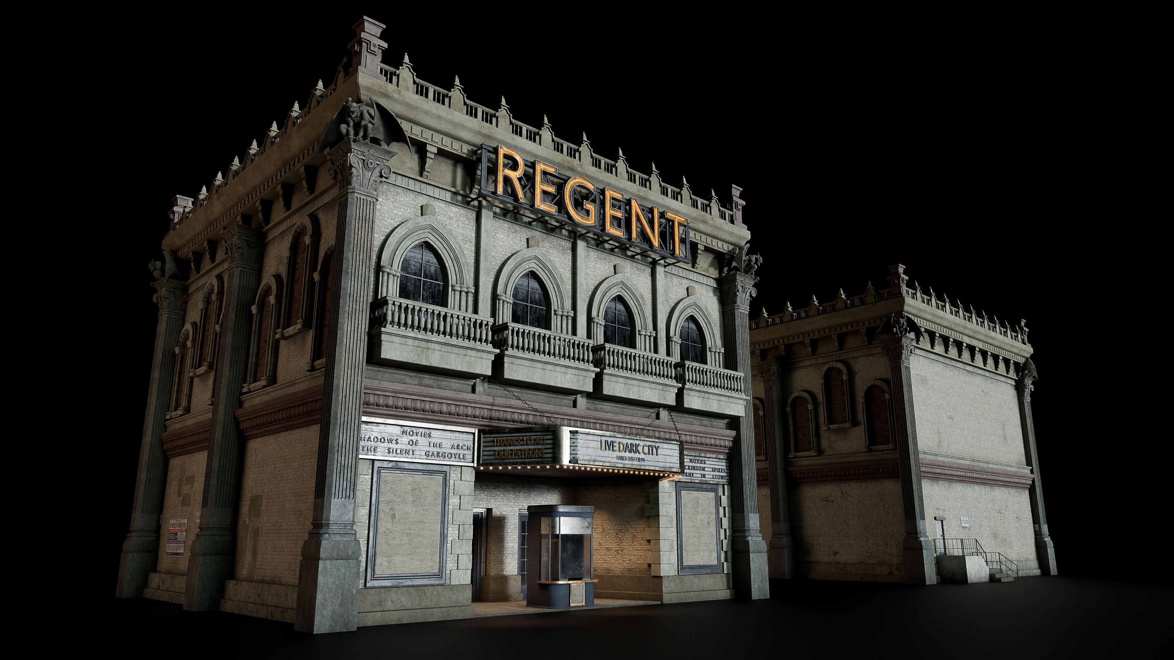 Neo Gothic 3D asset pack featuring a dark, Gotham inspired city with towering buildings, ornate façades, gargoyles, spires, and detailed stone architecture theatre