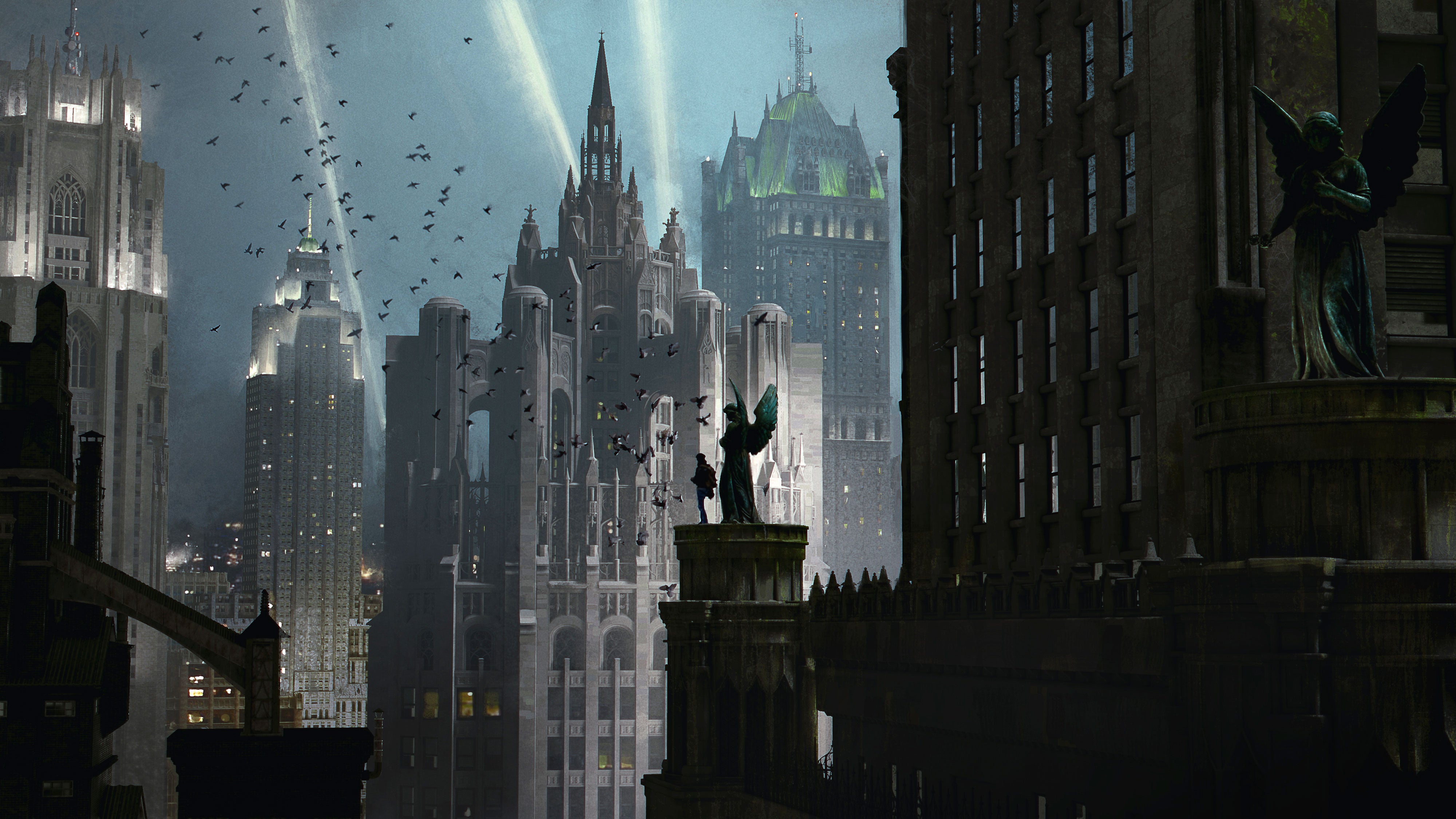 Neo Gothic 3D asset pack featuring a Gotham inspired city with towering gothic buildings, ornate façades, gargoyles, and dramatic atmospheric lighting