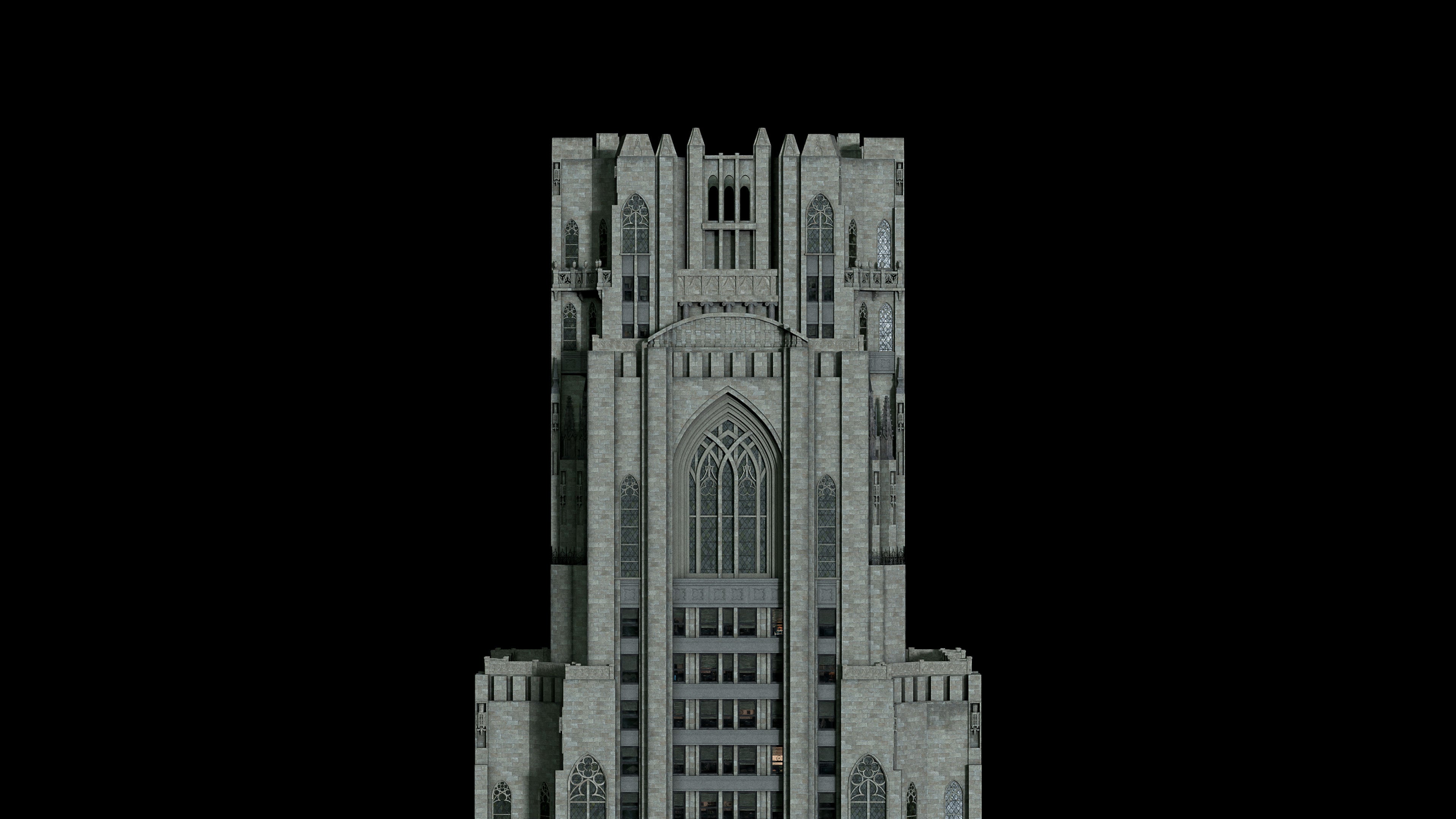 Neo Gothic 3D asset pack featuring a dark, Gotham-inspired city with towering buildings, ornate façades, gargoyles, spires, Pittsburgh university inspired and detailed stone architecture
