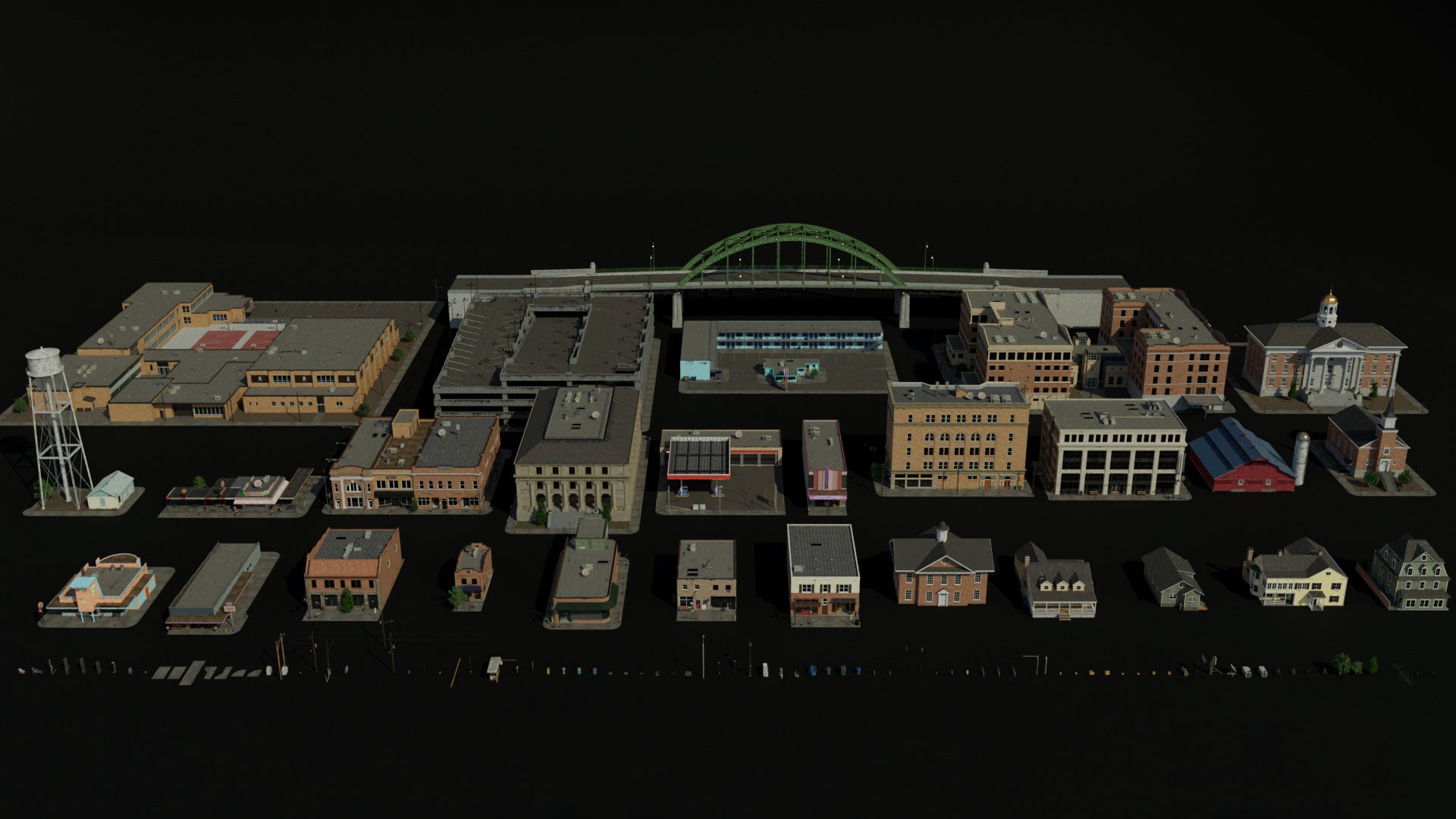 small town American 3d asset pack usa flag motel theatre city hall water tank suburban houses restaurant retail store shops premium models props aircon hvac garbage container trash can antenna street light lamp post fire hydrant beach chair for videogame