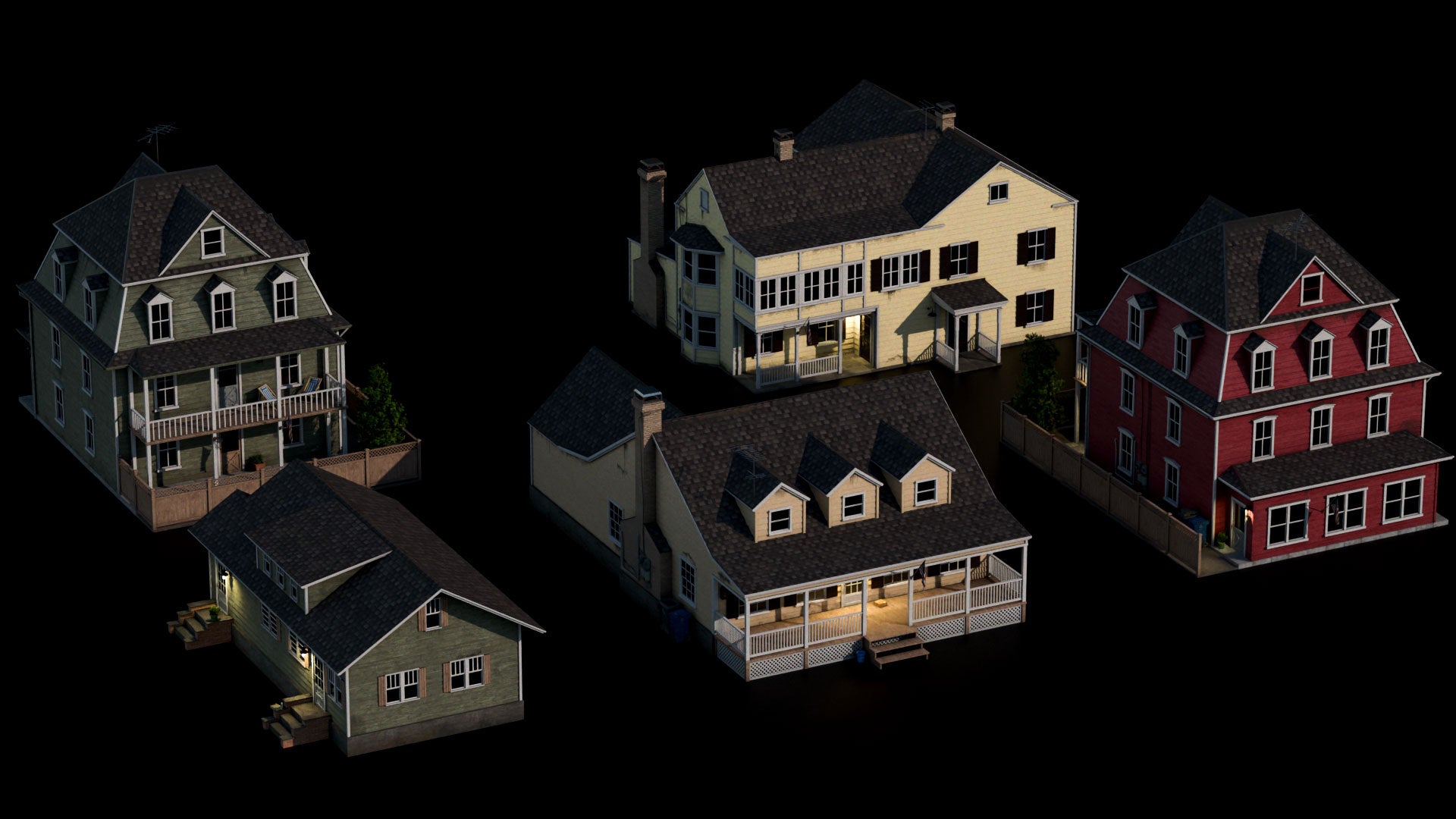 Small town American conceptize 3d asset pack usa flag motel theatre city hall water tank suburban houses restaurant retail store shops premium models props aircon hvac garbage container trash can antenna street light lamp post fire hydrant beach chair for videogame