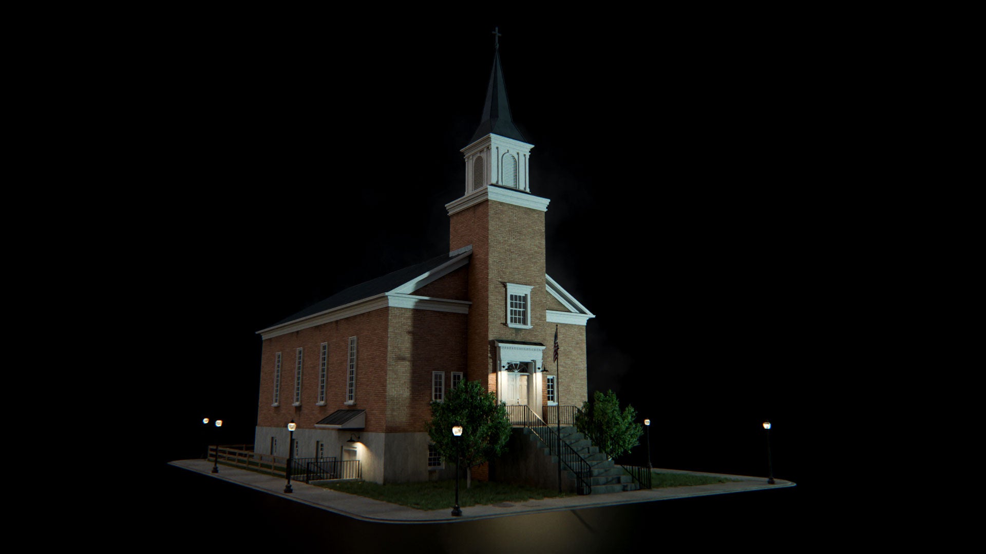Church sSmall town American conceptize 3d asset pack usa flag motel theatre city hall water tank suburban houses restaurant retail store shops premium models props aircon hvac garbage container trash can antenna street light lamp post fire hydrant beach chair for videogame