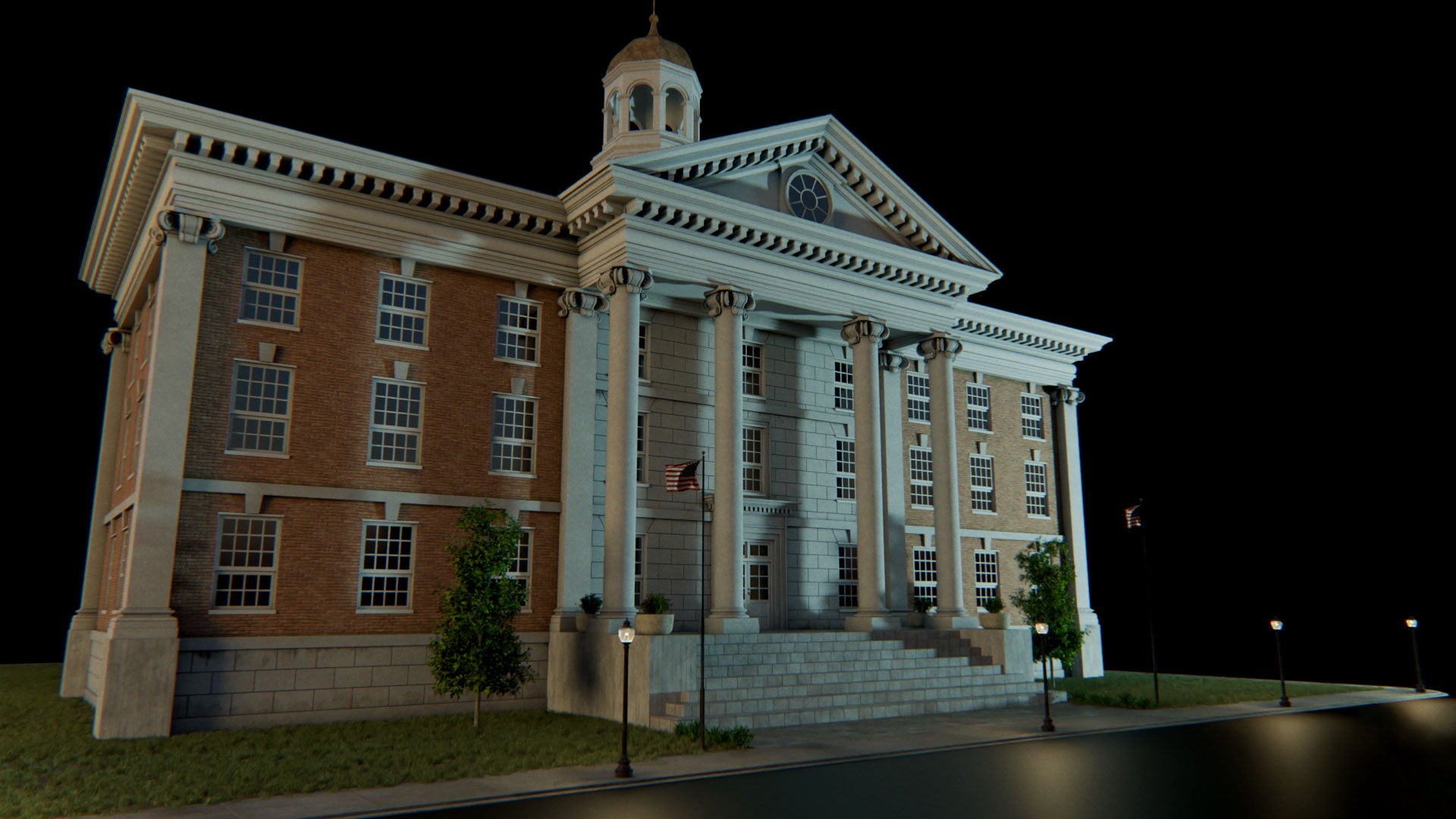 Small town American conceptize 3d asset pack usa flag city hall premium models props aircon hvac street light lamp post fire hydrant beach chair for videogame