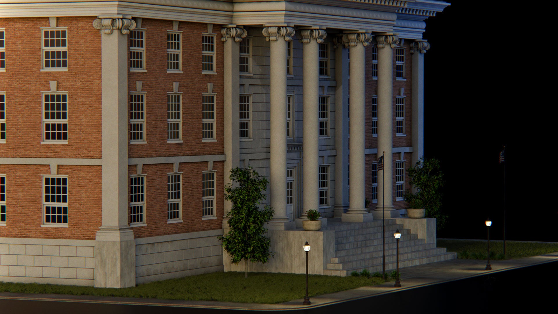 Small town American conceptize 3d asset pack usa flag motel theatre city hall water tank suburban houses restaurant retail store shops premium models props aircon hvac garbage container trash can antenna street light lamp post fire hydrant beach chair for videogame