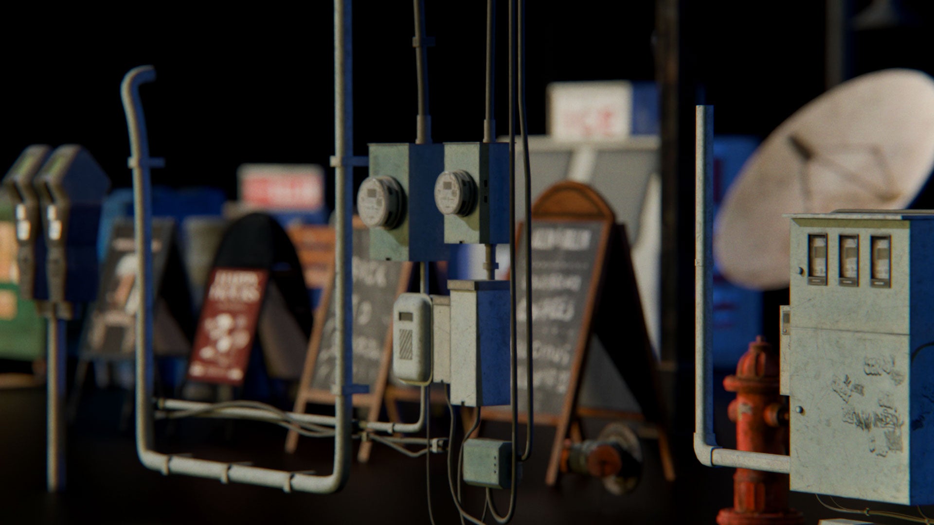 Small town American props conceptize 3d asset pack usa flag motel theatre city hall water tank suburban houses restaurant retail store shops premium models props aircon hvac garbage container trash can antenna street light lamp post fire hydrant beach chair for videogame