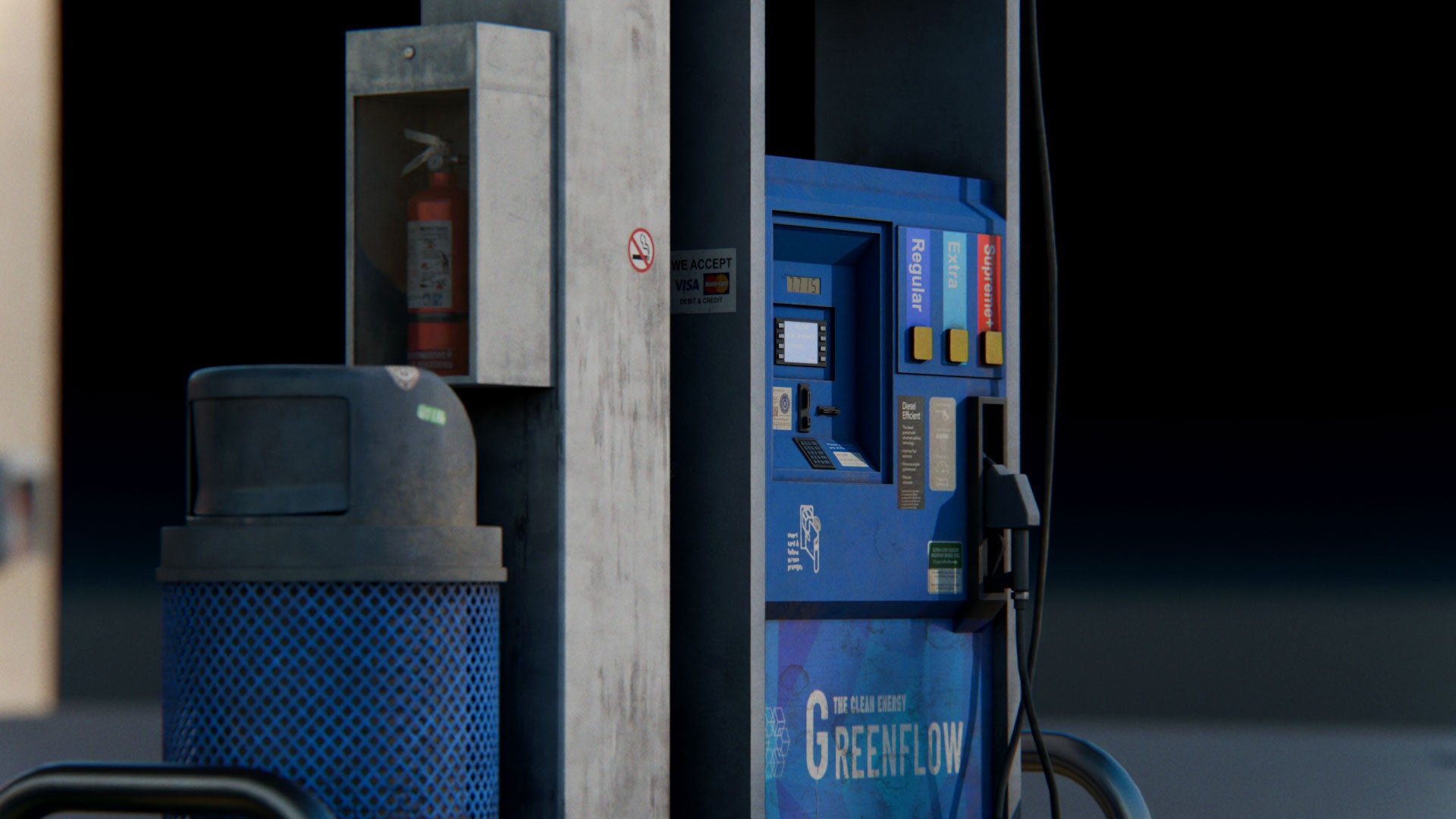 Small town American gas station conceptize 3d asset pack usa flag motel theatre city hall water tank suburban houses restaurant retail store shops premium models props aircon hvac garbage container trash can antenna street light lamp post fire hydrant beach chair for videogame