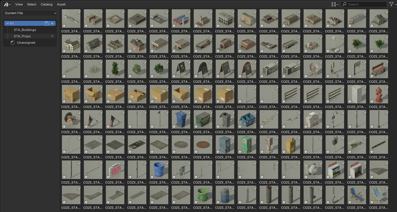 blender asset library small town American conceptize 3d asset pack usa flag motel theatre city hall water tank suburban houses restaurant retail store shops premium models props aircon hvac garbage container trash can antenna street light lamp post fire hydrant beach chair for videogame