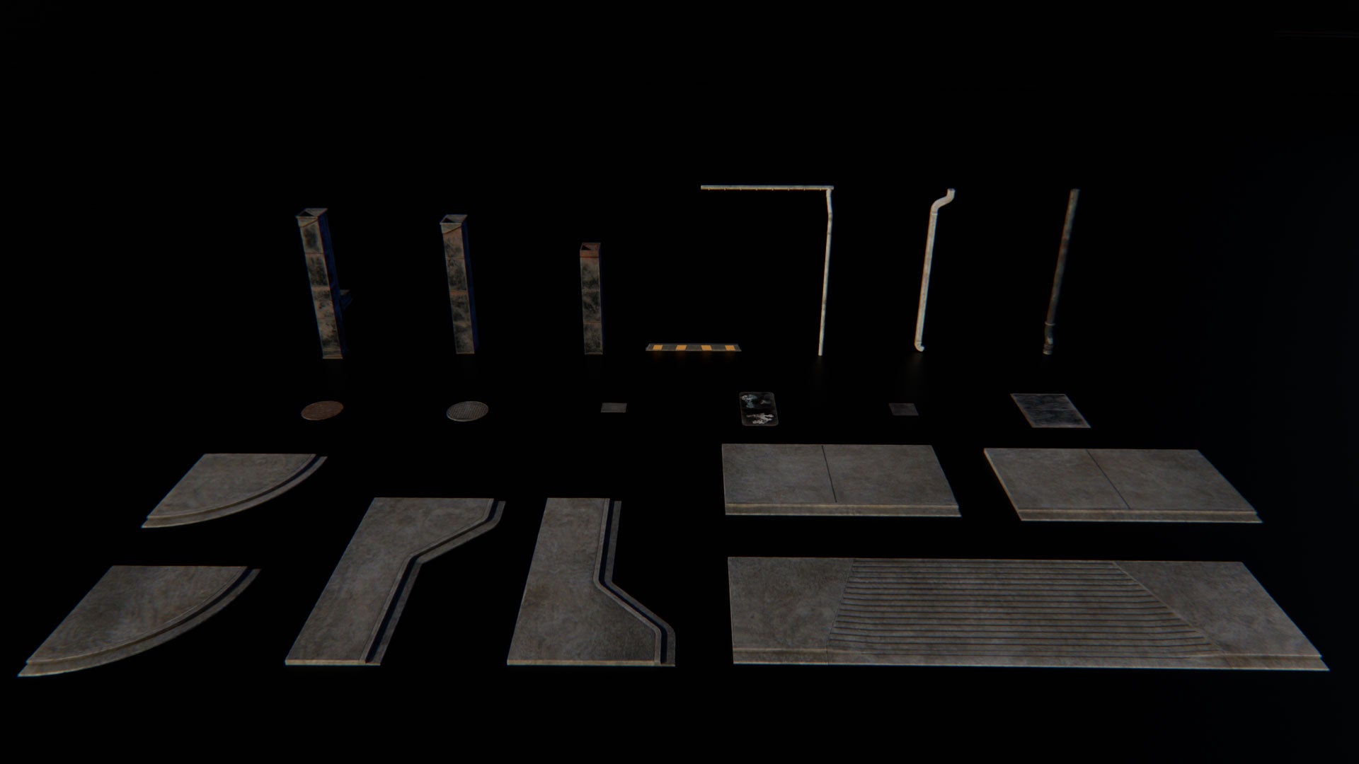 sidewalk vents pipes manhole small town American conceptize 3d asset pack usa flag motel theatre city hall water tank suburban houses restaurant retail store shops premium models props aircon hvac garbage container trash can antenna street light lamp post fire hydrant beach chair for videogame