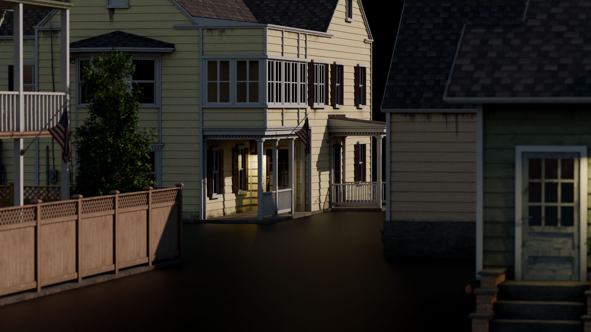 Small town American conceptize 3d asset pack usa flag motel theatre city hall water tank suburban houses restaurant retail store shops premium models props aircon hvac garbage container trash can antenna street light lamp post fire hydrant beach chair for videogame