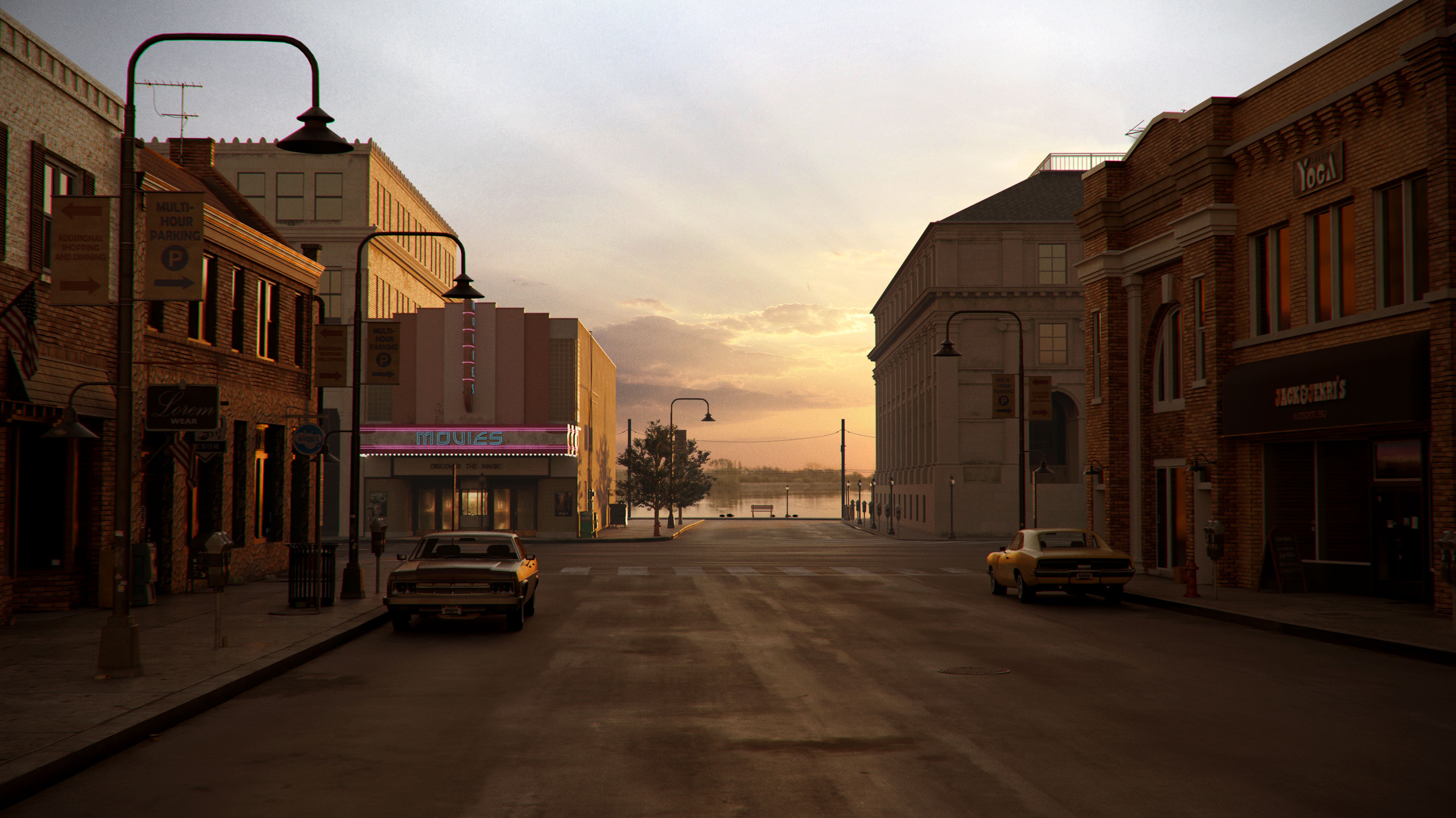 small town American 3d asset pack usa flag motel theatre city hall water tank suburban houses restaurant retail store shops premium models props aircon hvac garbage container trash can antenna street light lamp post fire hydrant beach chair for videogame