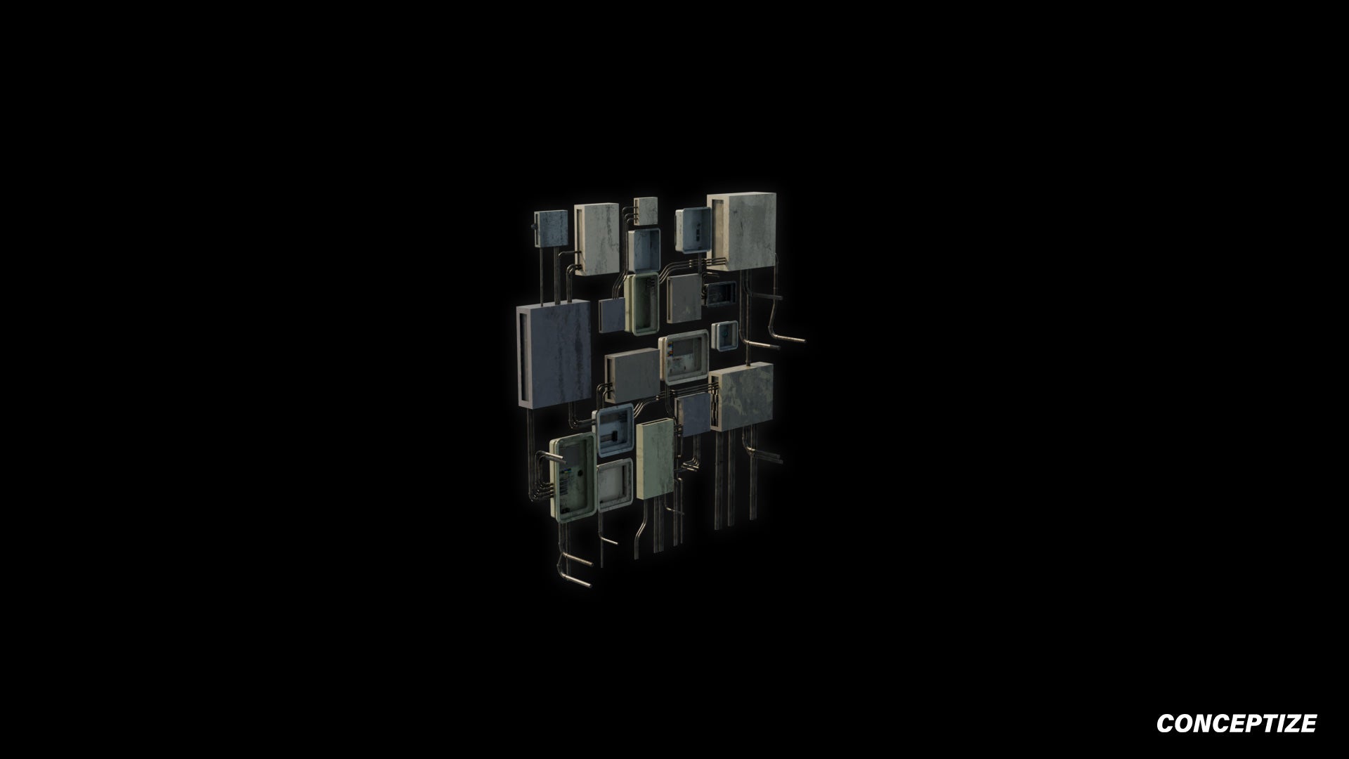 Handcrafted cyberpunk electric counter box cluster 3D model industrial prop PBR textured optimized for Blender Unreal Engine urban sci fi environments