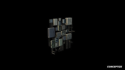 Handcrafted cyberpunk electric counter box cluster 3D model industrial prop PBR textured optimized for Blender Unreal Engine urban sci fi environments