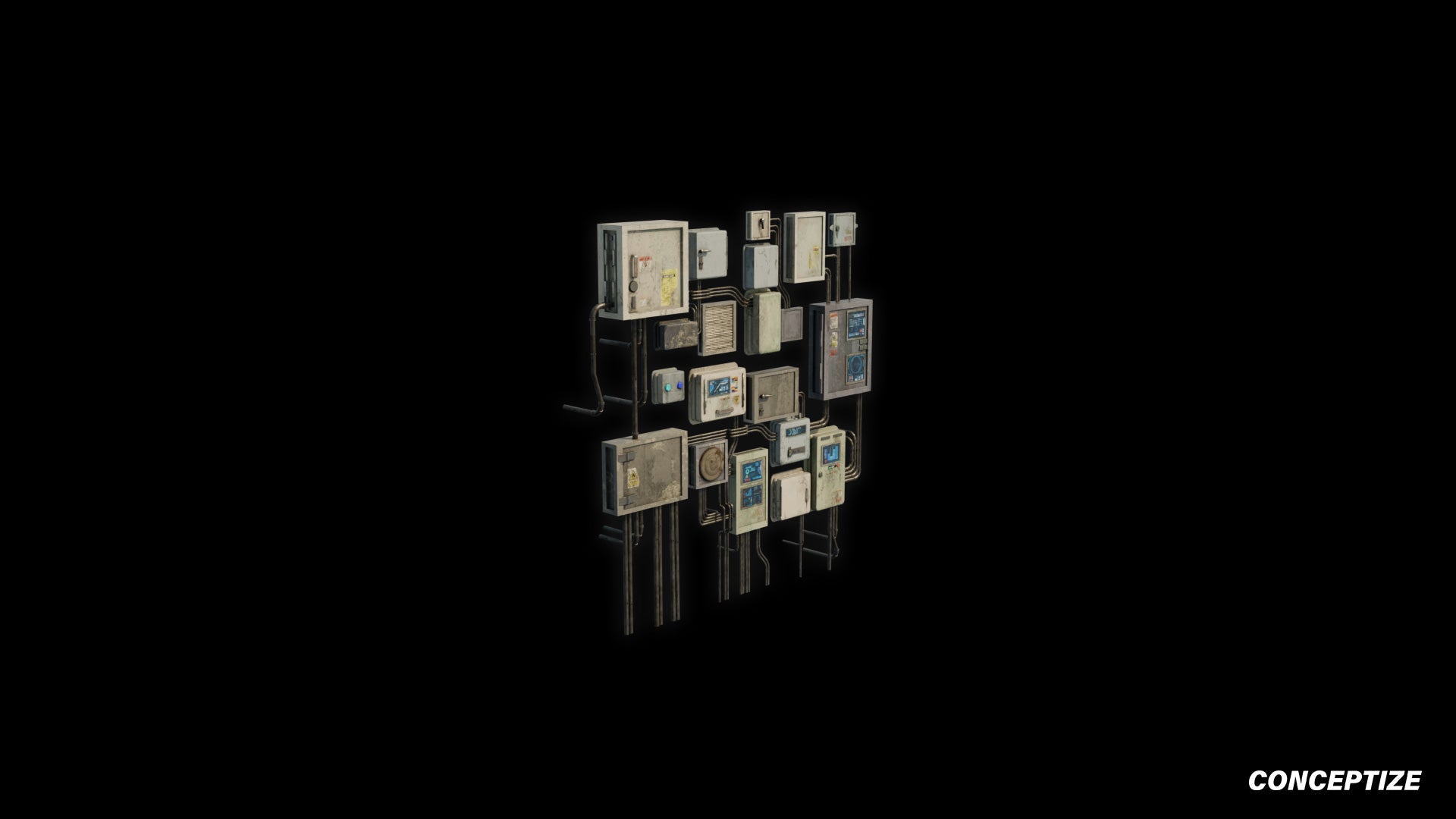 Handcrafted cyberpunk electric counter box cluster 3D model industrial prop PBR textured optimized for Blender Unreal Engine urban sci fi environments