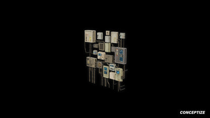 Handcrafted cyberpunk electric counter box cluster 3D model industrial prop PBR textured optimized for Blender Unreal Engine urban sci fi environments