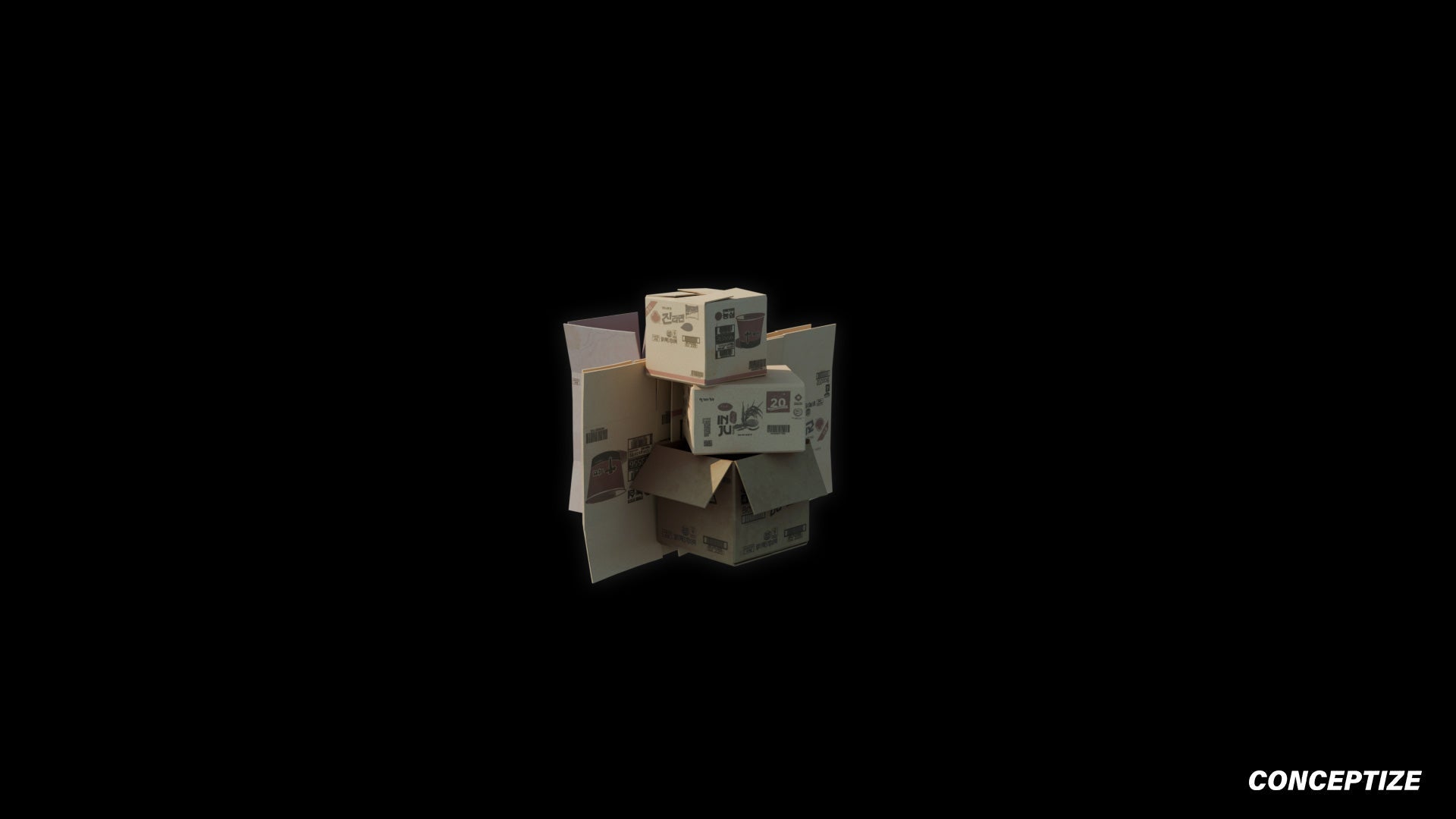 Korean noodle cardboard packages 3D model meticulously handcrafted PBR textured optimized Blender Unreal Engine food store convenience environments