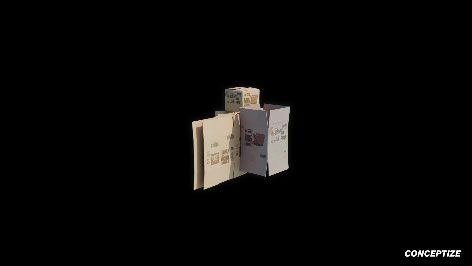 Korean noodle cardboard packages 3D model meticulously handcrafted PBR textured optimized Blender Unreal Engine food store convenience environments