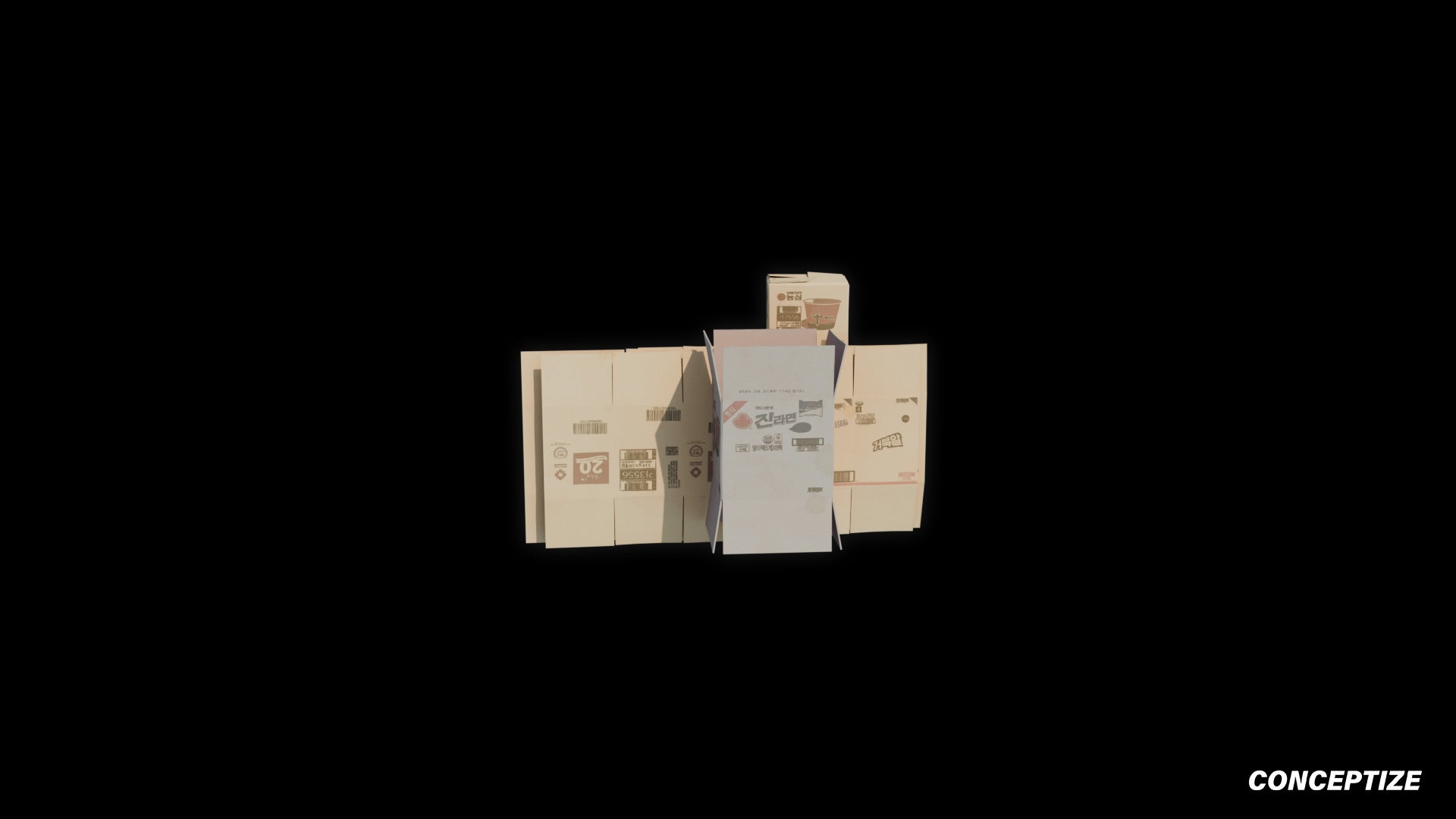 Korean noodle cardboard packages 3D model meticulously handcrafted PBR textured optimized Blender Unreal Engine food store convenience environments