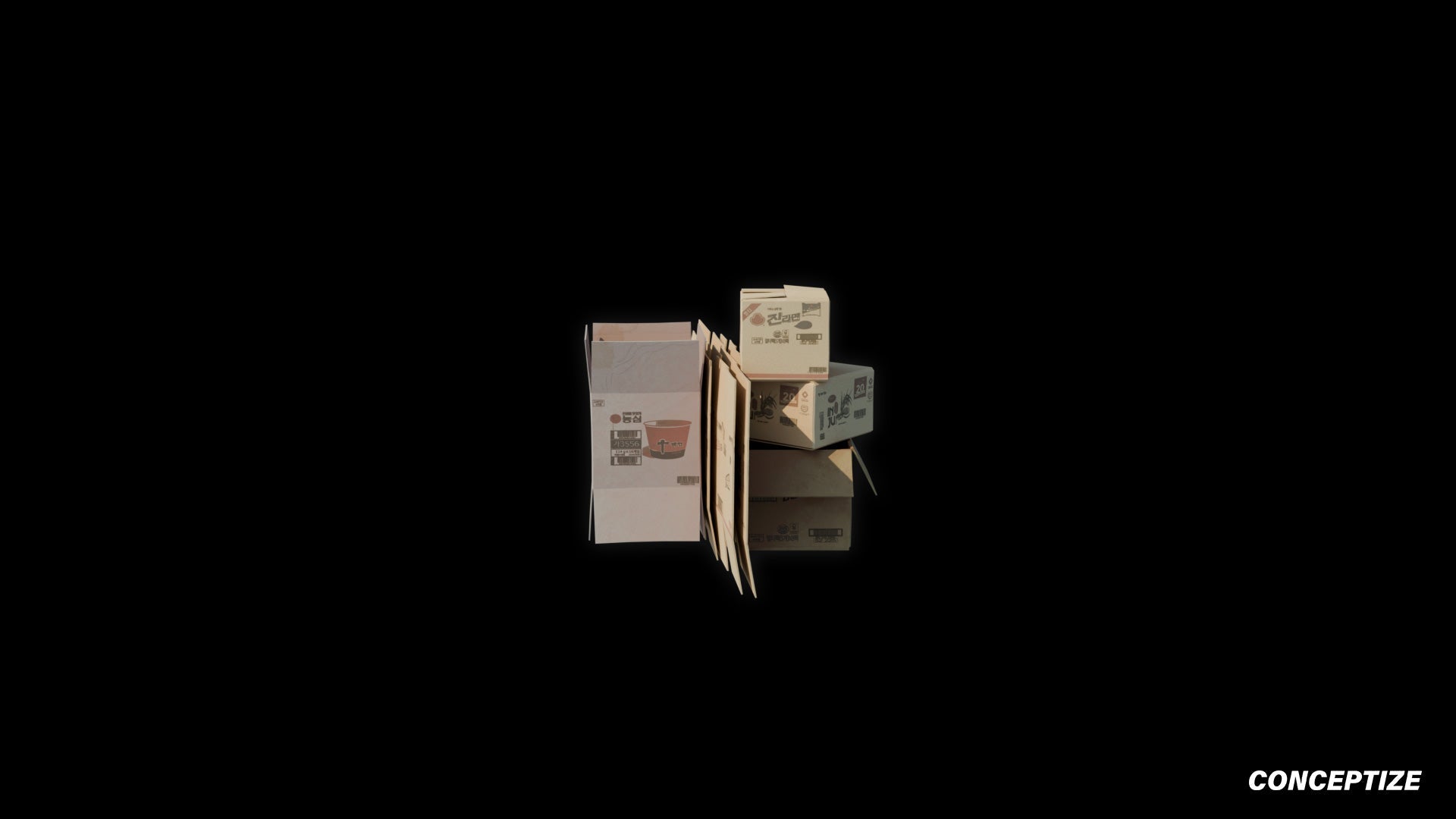 Korean noodle cardboard packages 3D model meticulously handcrafted PBR textured optimized Blender Unreal Engine food store convenience environments