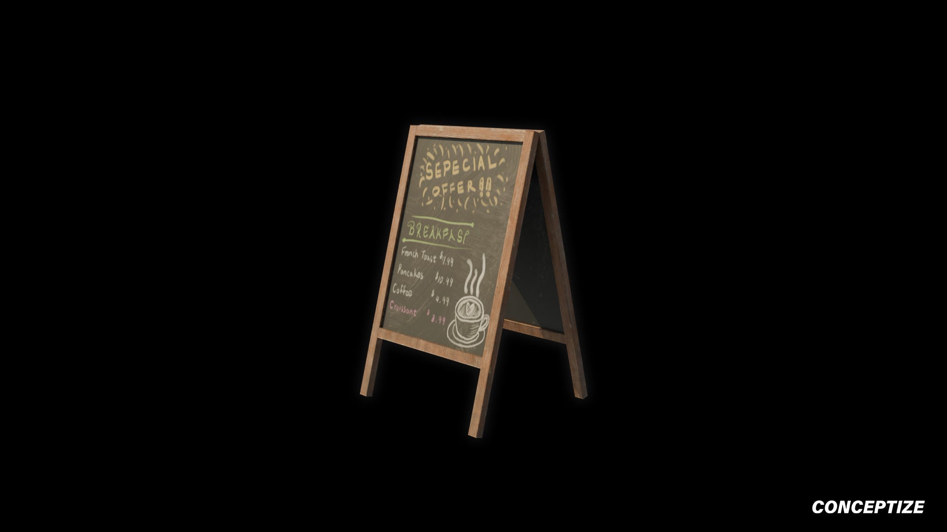 Sandwich board coffee shop restaurant meticulously handcrafted PBR textured 3D prop optimized Blender Unreal Engine urban street cafe signage
