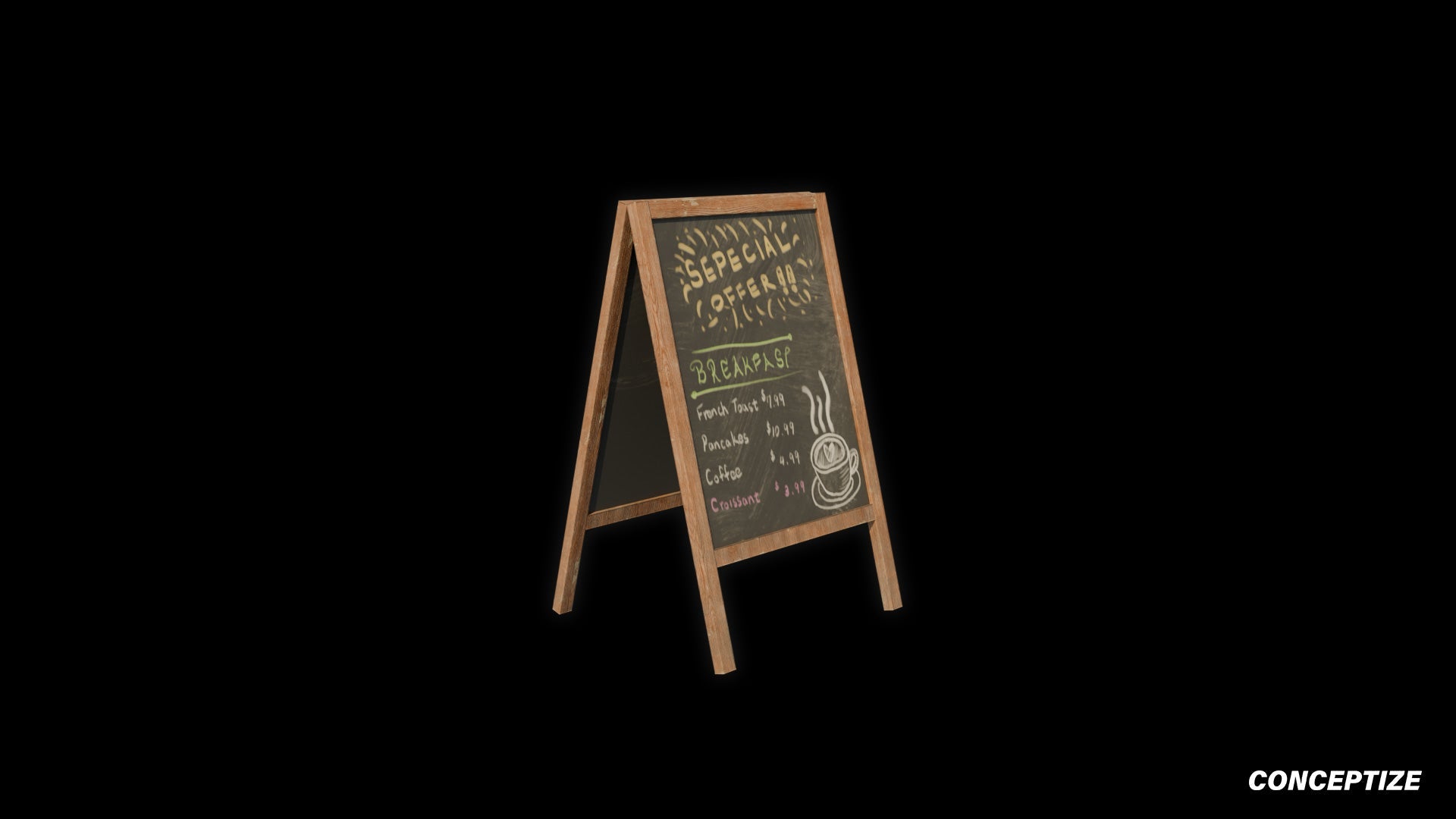 Sandwich board coffee shop restaurant meticulously handcrafted PBR textured 3D prop optimized Blender Unreal Engine urban street cafe signage