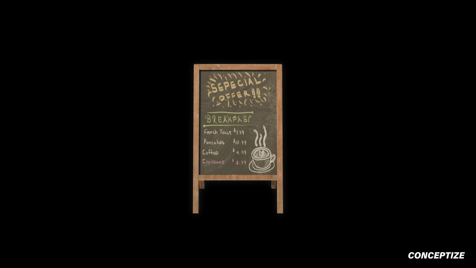 Sandwich board coffee shop restaurant meticulously handcrafted PBR textured 3D prop optimized Blender Unreal Engine urban street cafe signage