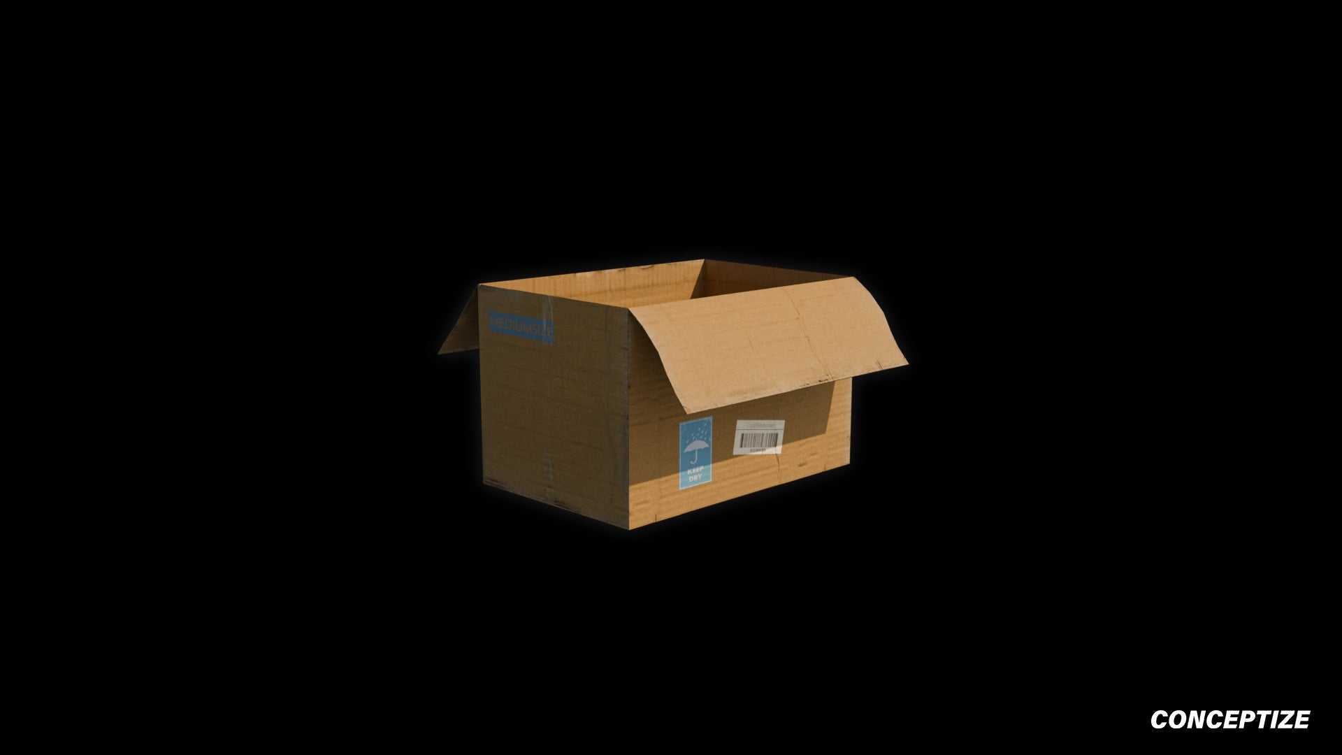 Open cardboard box meticulously handcrafted PBR textured 3D asset optimized Blender Unreal Engine urban streetscapes alleyways sidewalks high detail