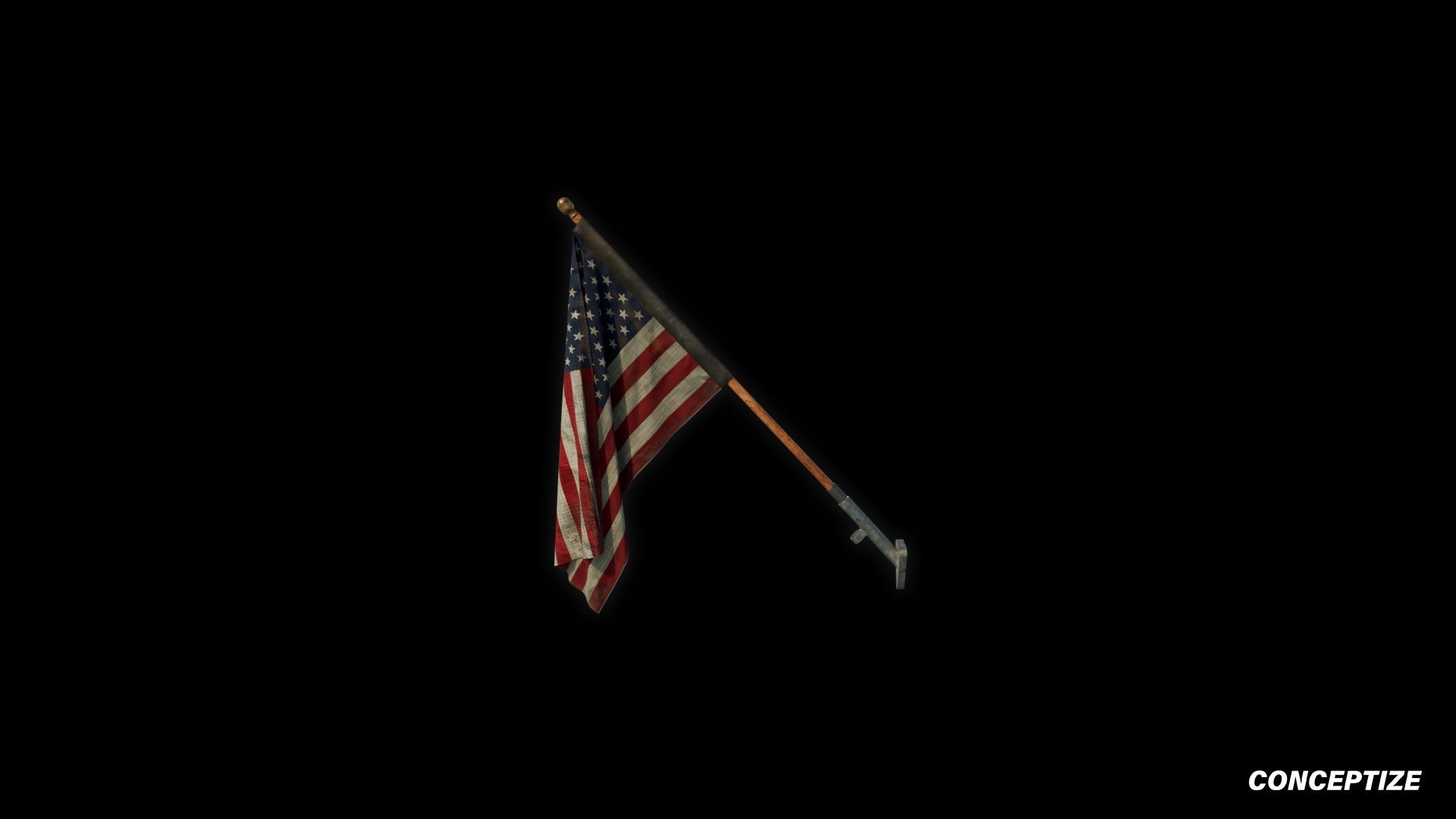 American mounted flag meticulously handcrafted PBR textured 3D asset optimized Blender Unreal Engine building exteriors urban streets patriotic environments