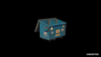 American garbage container meticulously handcrafted PBR textured 3D asset optimized Blender Unreal Engine urban trash bins dumpsters public spaces alleys