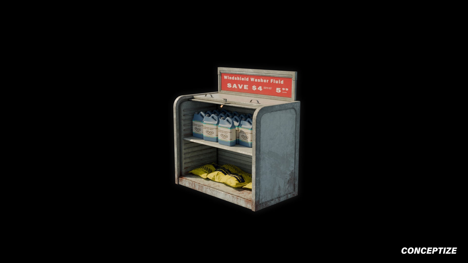 American windshield gas station shelf meticulously handcrafted PBR textured 3D asset optimized Blender Unreal Engine automotive prop retail garage fuel station