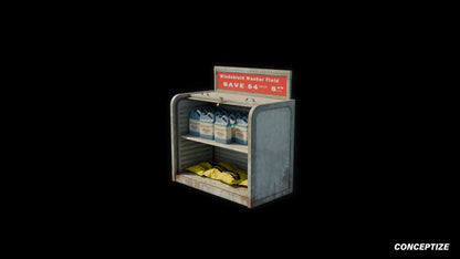 American windshield gas station shelf meticulously handcrafted PBR textured 3D asset optimized Blender Unreal Engine automotive prop retail garage fuel station