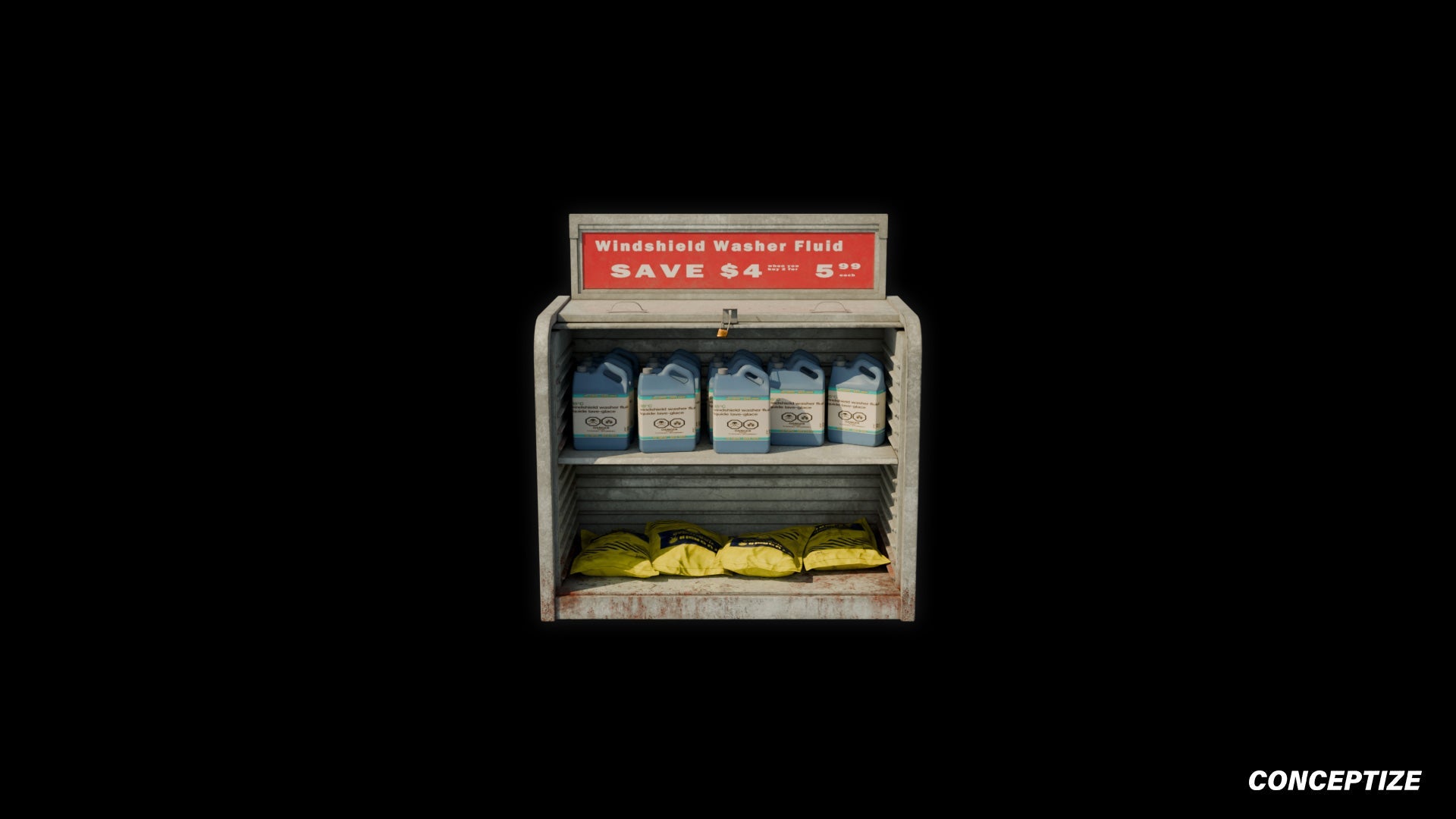 American windshield gas station shelf meticulously handcrafted PBR textured 3D asset optimized Blender Unreal Engine automotive prop retail garage fuel station
