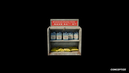 American windshield gas station shelf meticulously handcrafted PBR textured 3D asset optimized Blender Unreal Engine automotive prop retail garage fuel station