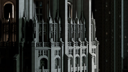 Neo Gothic 3D asset pack featuring a dark, Gotham inspired city with towering buildings, ornate façades, gargoyles, spires, and detailed stone architecture