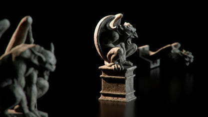 Neo Gothic 3D asset pack featuring a Gotham inspired city with towering gothic buildings, ornate façades, gargoyles, and dramatic atmospheric lighting