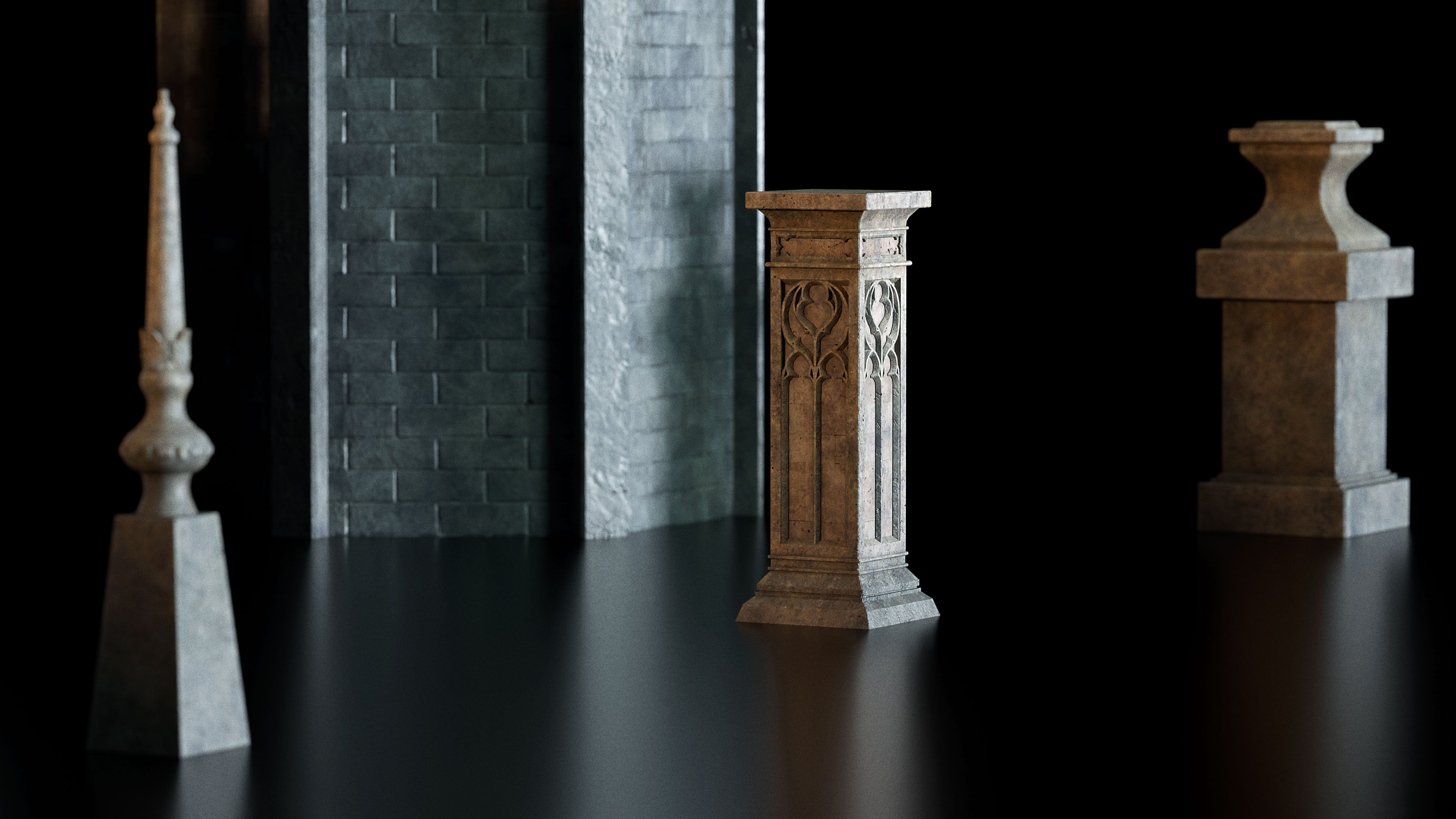 Neo Gothic 3D asset pack featuring a Gotham inspired city with towering gothic buildings, ornate façades, gargoyles, and dramatic atmospheric lighting